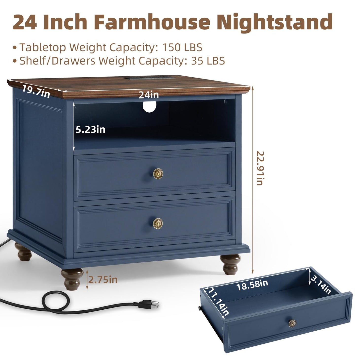 Joaxswe 24" Wide Farmhouse Nightstand with Charging Station, End Table with 2 Drawers, Blue Wood Dresser for Bedroom Cabinet, Bed Side Table Chest of Drawers, Night Stand for Living Room, Closet