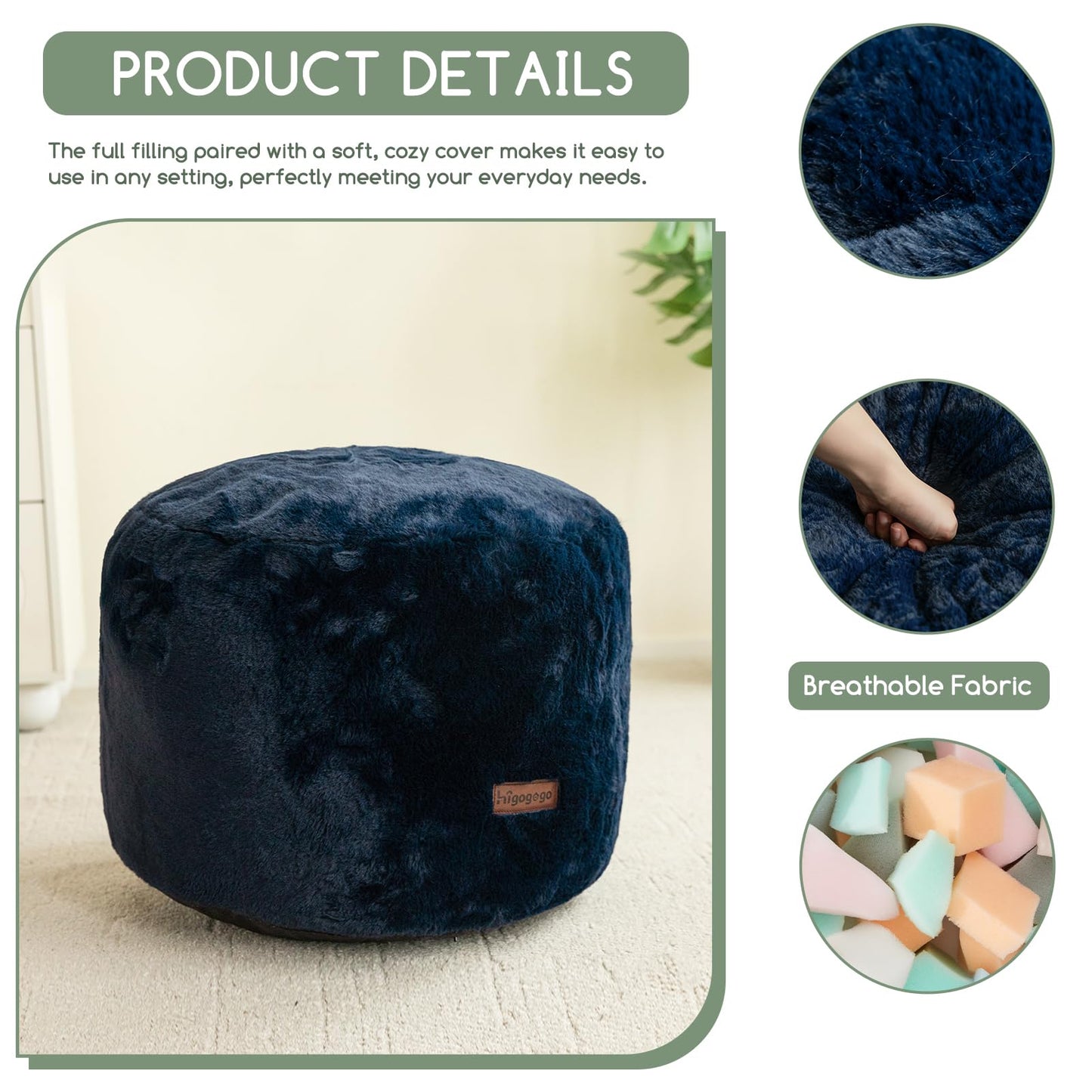 HIGOGOGO Pouf Stuffed Ottoman Round Modern Foam Filled Foot Rest Chair Decorative Poufs 20 x 15 Inches Fluffy Boho Comfy Stool for Living Room, Navy Blue