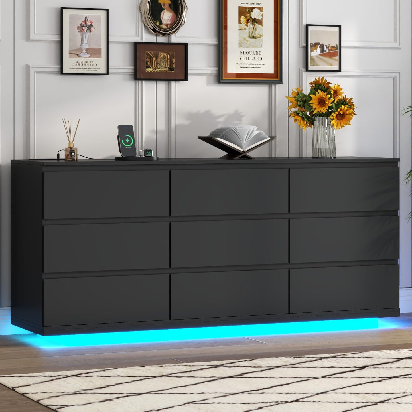 Gyfimoie 9 Drawer Dresser with Power Outlet and LED Lighting, Floating White Dresser Chest of Drawers, The Modern Organizer for Bedroom & Living Room (Black)
