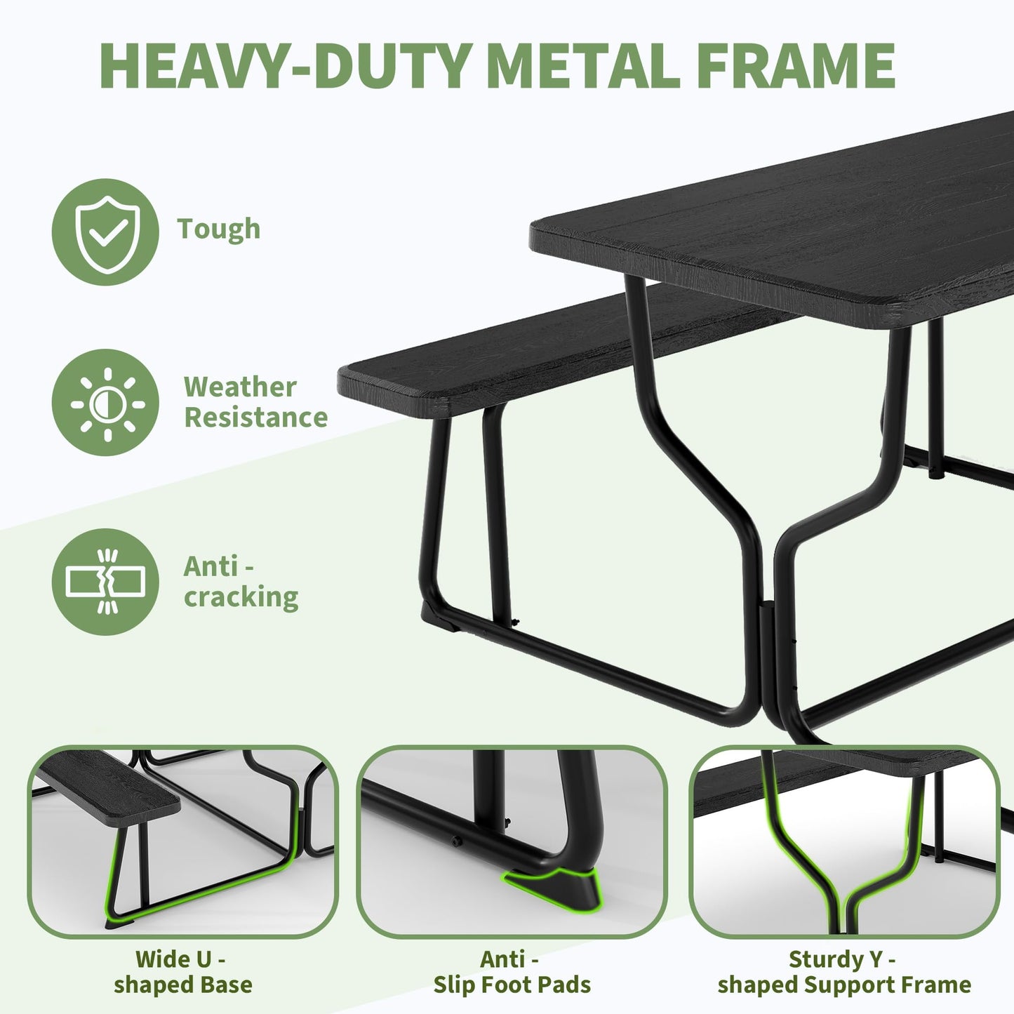 Reljofum Outdoor Picnic Table and Bench Set, All Weather Camping Picnic Tables, Wood Grain Tabletop & Metal Frame, Picnic Tables for Outdoors Camping Backyard Deck Patio Poolside Dining Party, Black