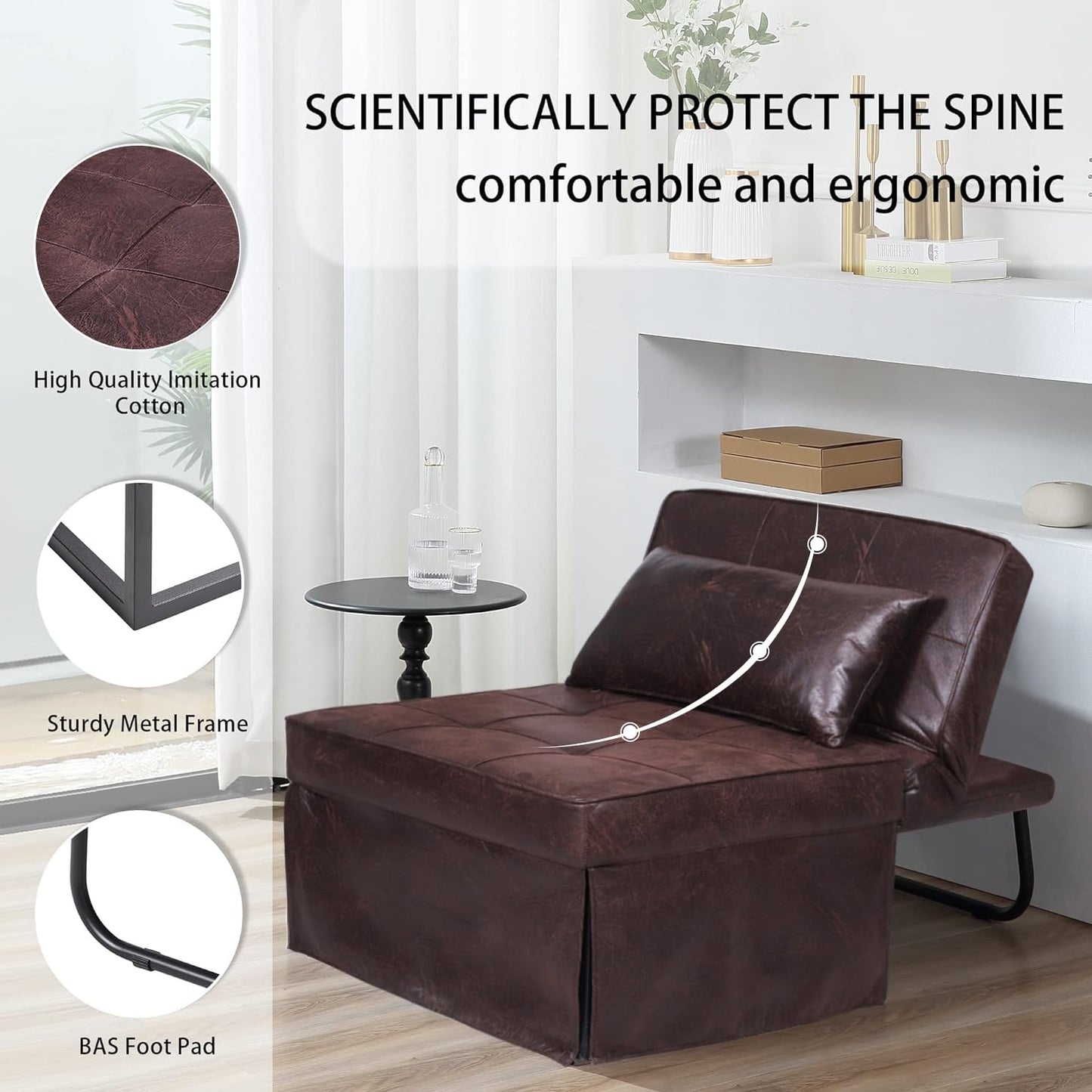 BIGSYY Sofa Bed, 4 in 1 Multi-Function Folding Ottoman Breathable Linen Couch Bed with Adjustable Backrest Modern Convertible Chair for Living Room Apartment Office, PU Imitation, Brown