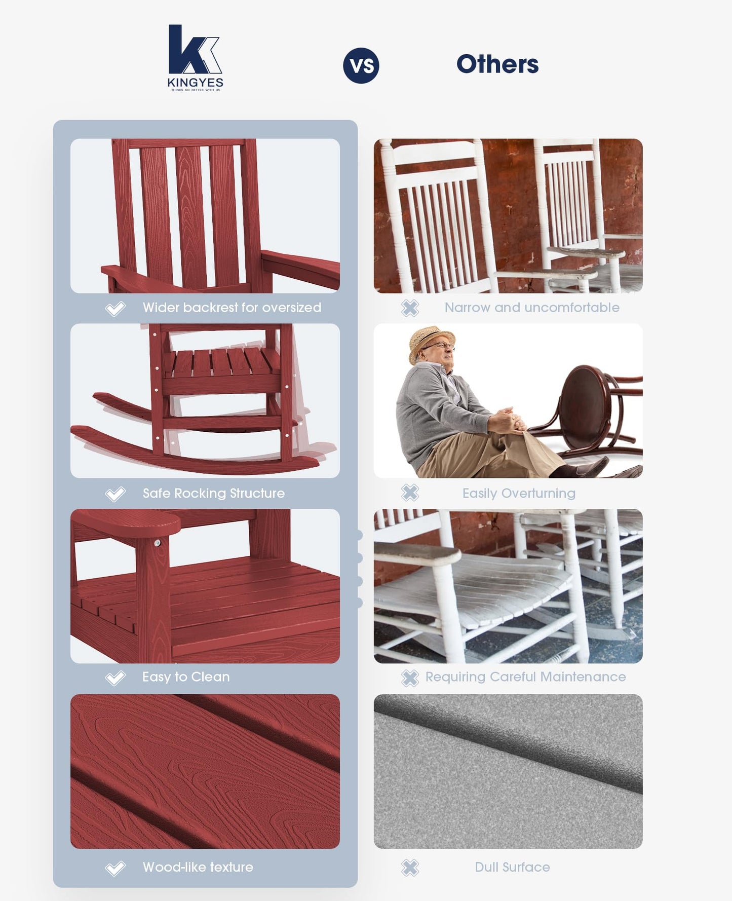 KINGYES Outdoor Patio Rocking Chair, Red
