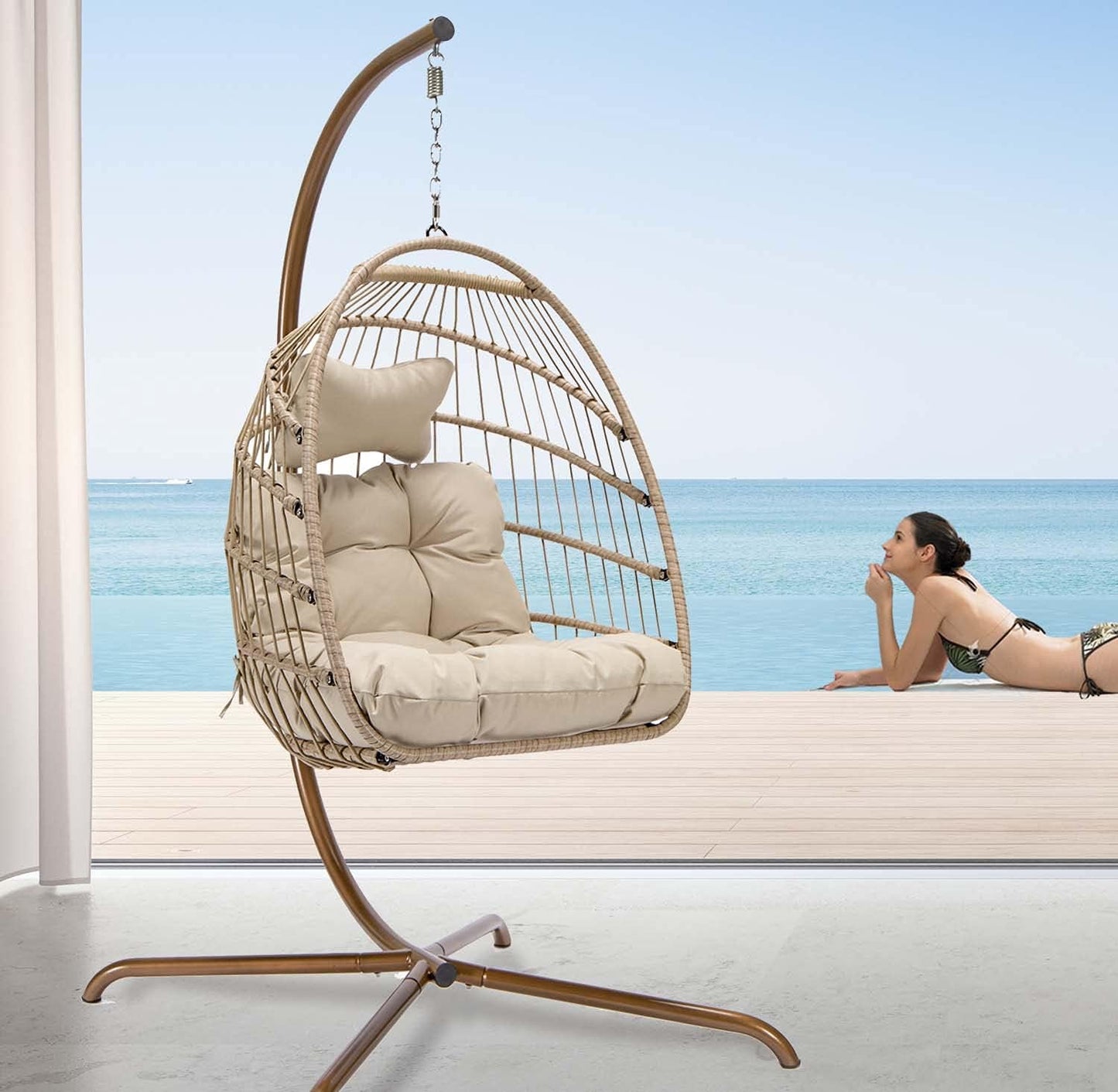 NICESOUL Hanging Egg Chair with Stand Indoor Outdoor, Comfy Patio Rattan Swing Hammock Chairs with Cushion, 350lbs Capacity Egg Shaped Chair for Lawn Backyard Balcony Bedroom, Birthday Gift, Beige