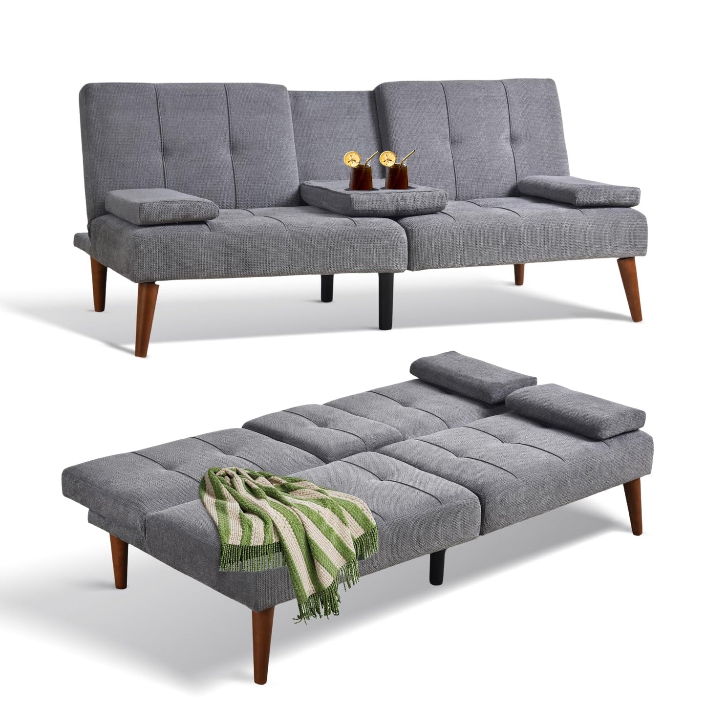 COLAMY Futon Sofa Bed-Fabric Small Couch, Small Lounge Convertible with 2 Cup Holders, Removable Soft Armrest, Adjustable Backrest for Dorm/Bedroom/College