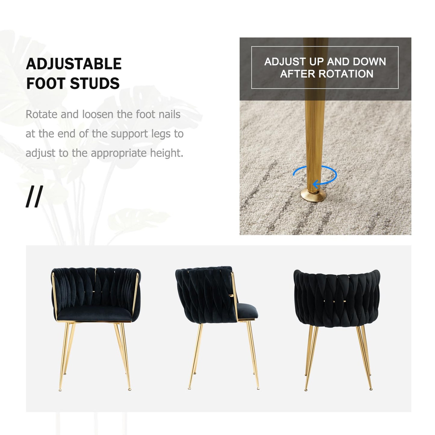 ECHINGLE Velvet Dining Chairs Set of 4, Modern Upholstered Woven Dining Chairs with Gold Metal Legs, Modern Accent Chairs for Dining Room, Vanity, Kitchen, Living Room(Black)
