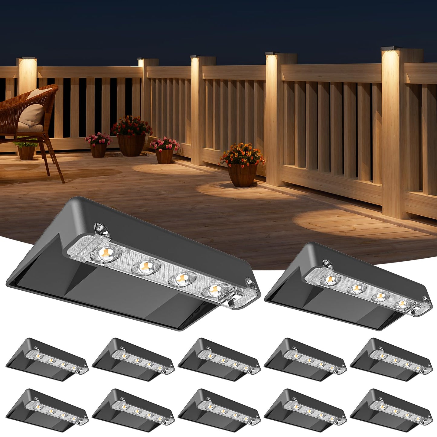 NIORSUN Solar Deck Lights Outdoor 12 Pack, IP65 Waterproof Large Size LED Stair Lights with Lenses, Auto ON Off Warm White Step Lights for Outside, Deck, Patio, Fence, Yard, Pathway and Railing Decor