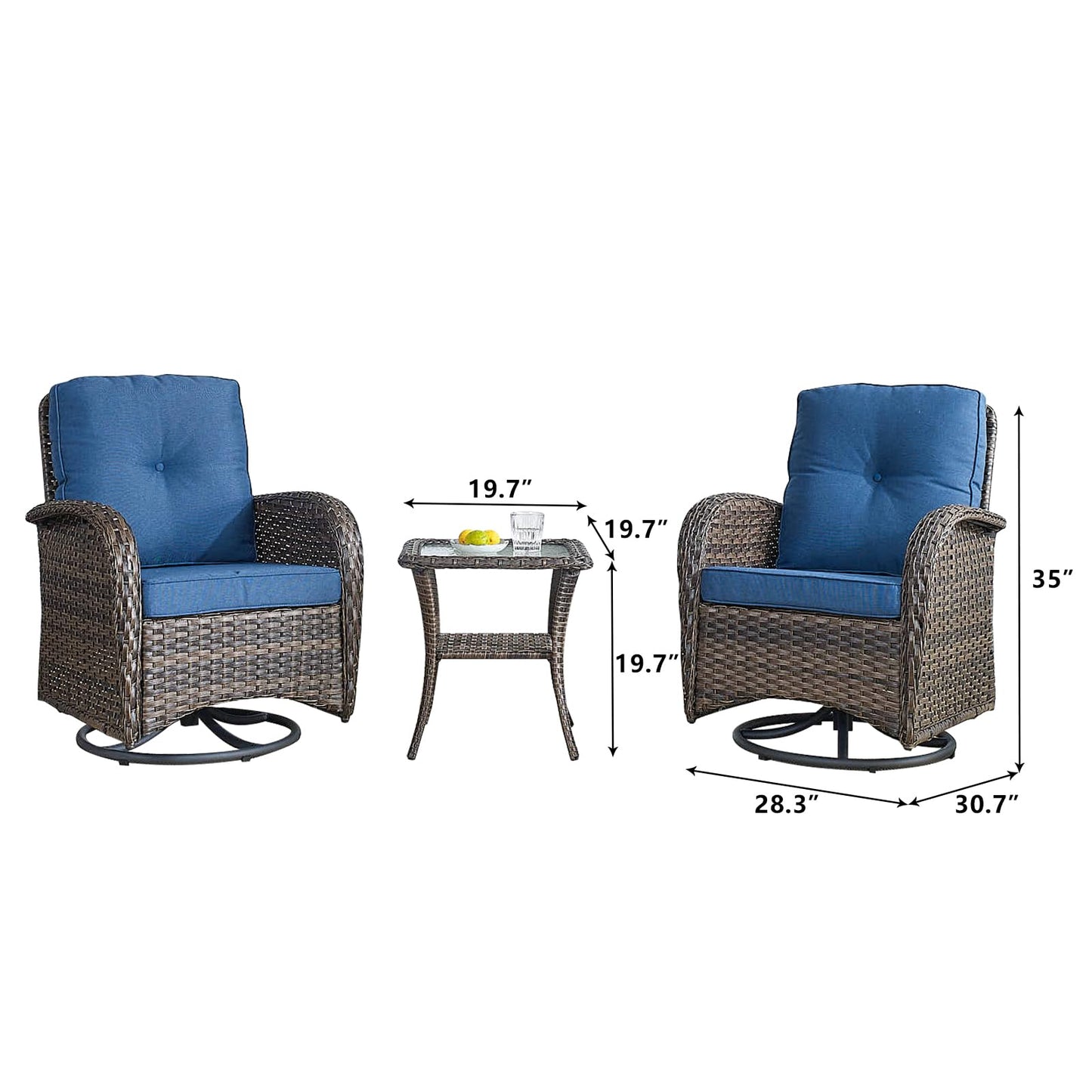 HUMMUH Outdoor Swivel Chairs,3 Pieces Patio Furniture Set with 360 Degree Wicker Swivel Rocking Chairs and Side Table for Garden,Porch,Backyard (Brown/Blue)