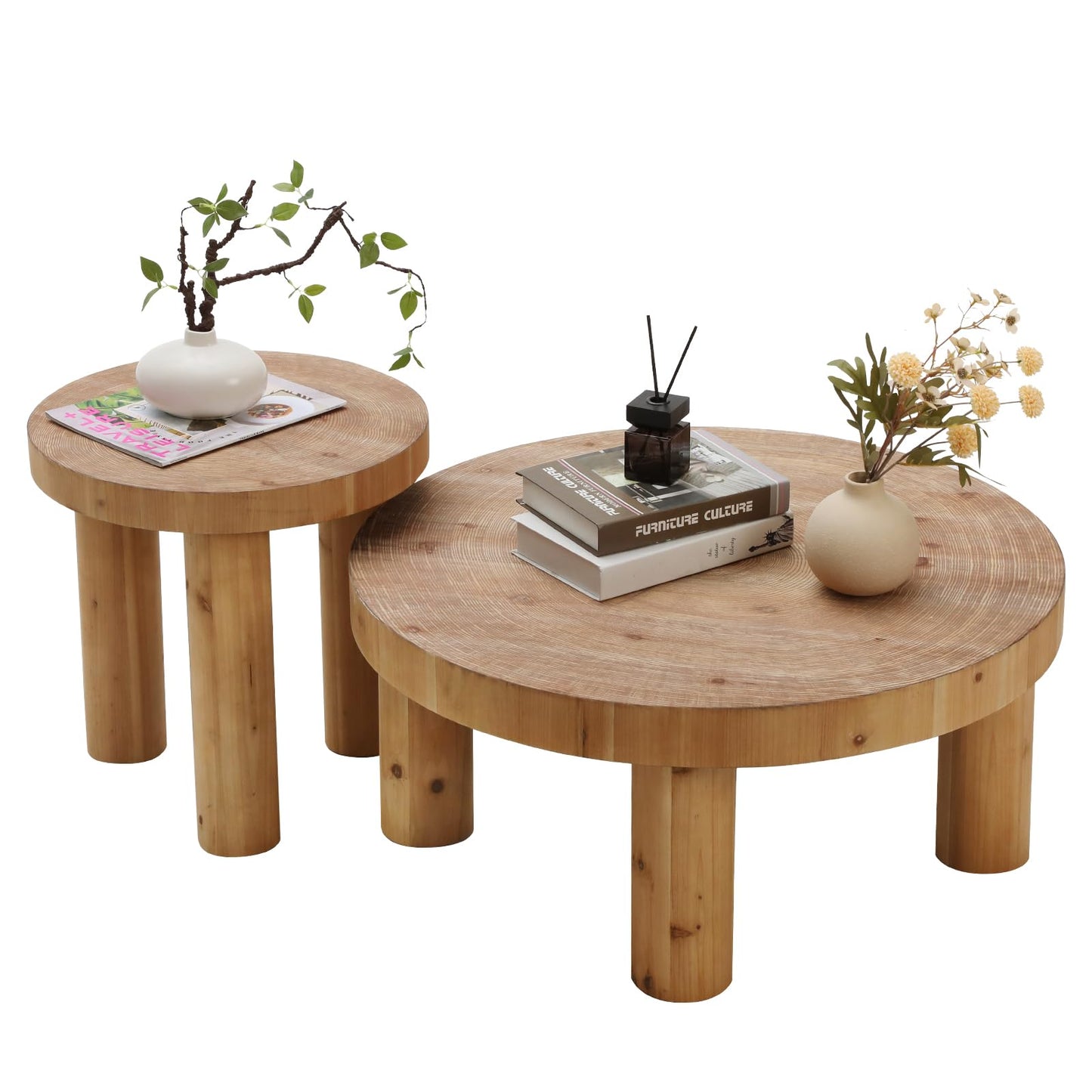 RUSTOWN 2-Piece Round Farmhouse Coffee Table, Rustic Coffee Table Sets, Circle Wooden Ring Finish with Solid Wood Legs, Center Tables Set for Living Room (Natural)