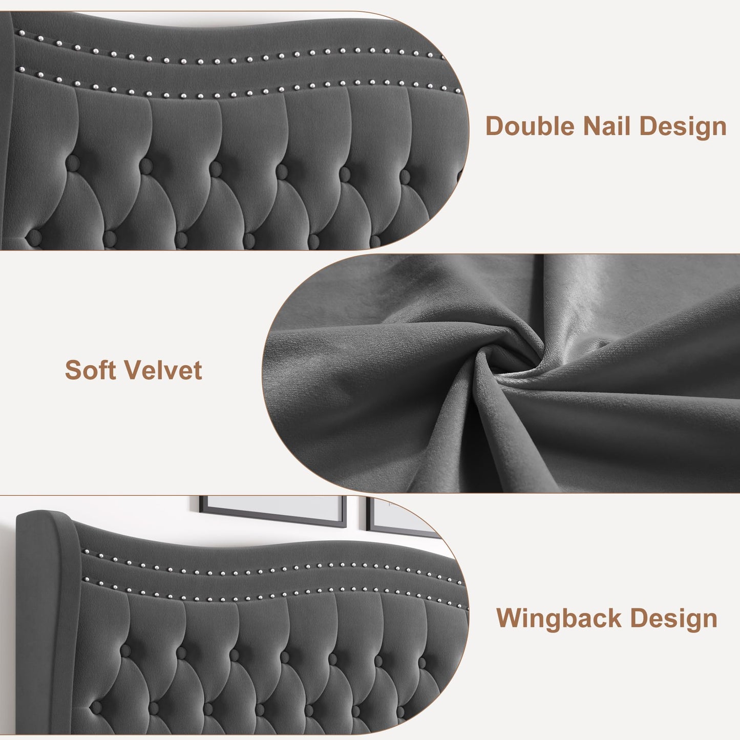 VINTLJUS Queen Bed Frame with Tall Headboard & Footboard, Velvet Upholstered Platform Bed Frame with Deep Button Tufted Wingback, No Box Spring Needed, Noise Free, Grey