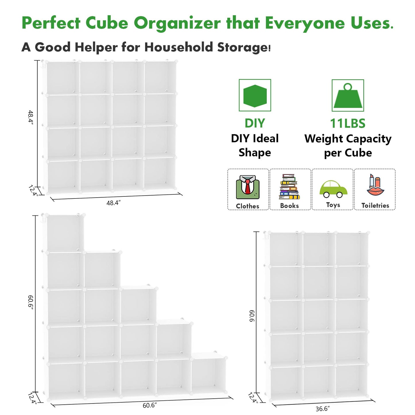 C&AHOME Cube Storage Organizer, 16-Cube Shelves Units, Plastic Storage Cubes, DIY Closet Organizer, Modular Closet Storage Shelves Ideal for Home, Bedroom, 48.4" L × 12.4" W × 48.4" H Milky UPCS16M
