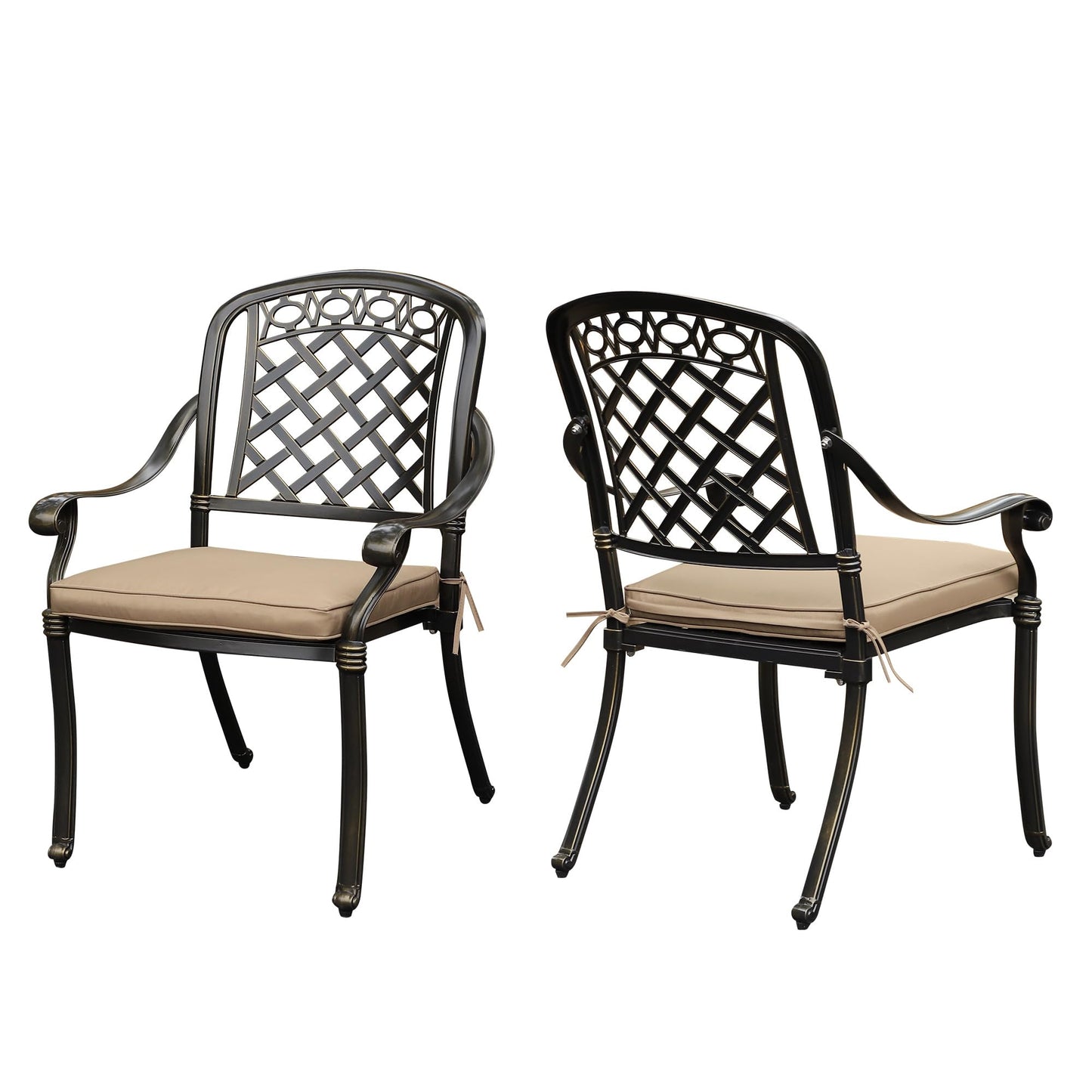Sumshadow 2-PCS Cast Aluminum Patio Dining Chairs, All Weather Patio Bistro Dining Chairs Set of 2 with Armrests & Cushion, Stackable Patio Dining Chairs for Garden, Balcony, Deck, Bronze