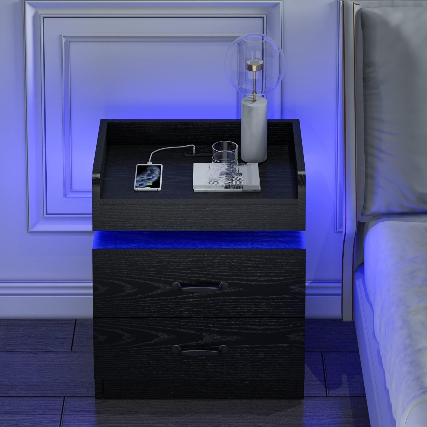 Black Nightstand with Charging Station, Night Stand with LED Lights, Modern Led End Table, Nightstand for Bedroom, Night Stand with 2 Drawers, Bed Side Table with Storage for Living Room
