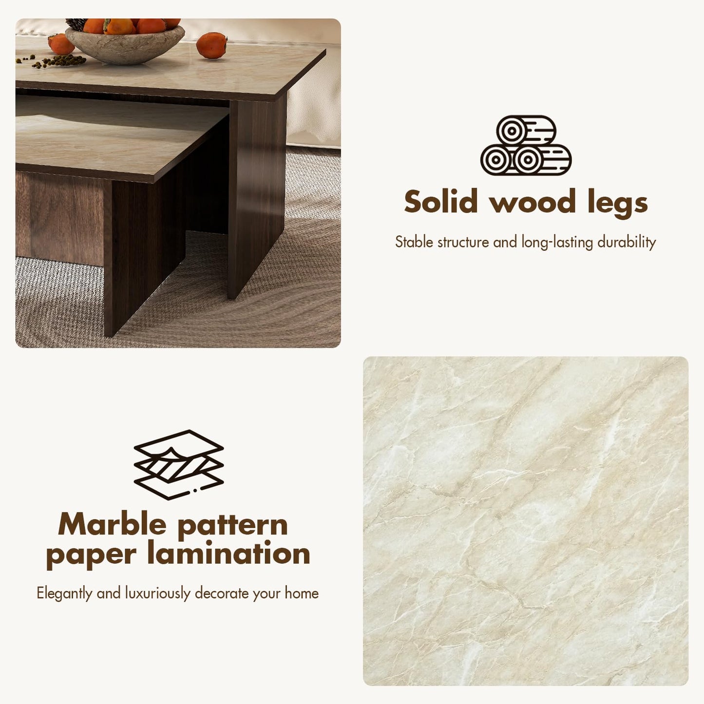 ChicAura Mid Century Modern Coffee Table Set of 3, Nesting Coffee Table with Marble Pattern Tabletop and Solid Wood Legs, Wood Side Tables for Living Room, Walnut