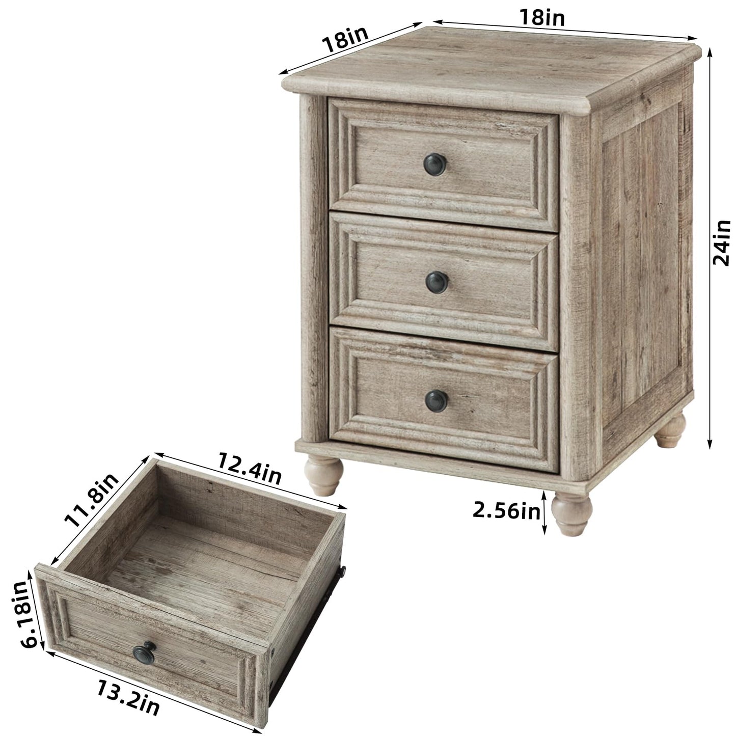 RWYHG 18" Farmhouse Night Stand Set of 2, Gray Wood Nightstand with 3 Drawers, Bedside End Table with Storage and Roman Column, Bed Side Tables Cabinet for Bedroom, Living Room, and Closet
