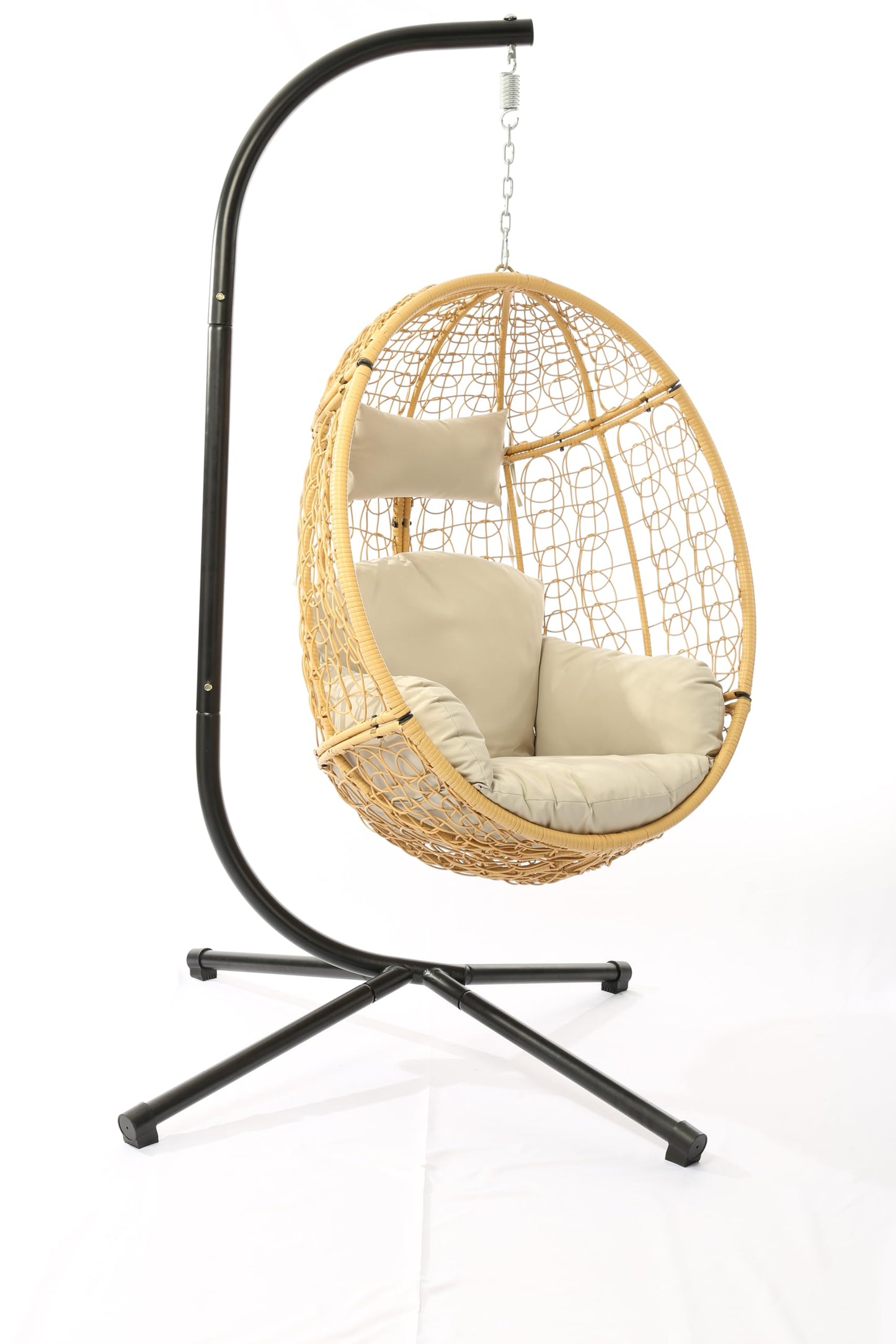 DoubleTT Indoor/Outdoor Wicker Swing Egg Chair Hammock Hanging Chair Nest Basket with Stand, UV Resistant Removable & Washable Cushions,350LBS Capacity for Bedroom, Balcony, Garden (Yellow and Beige)