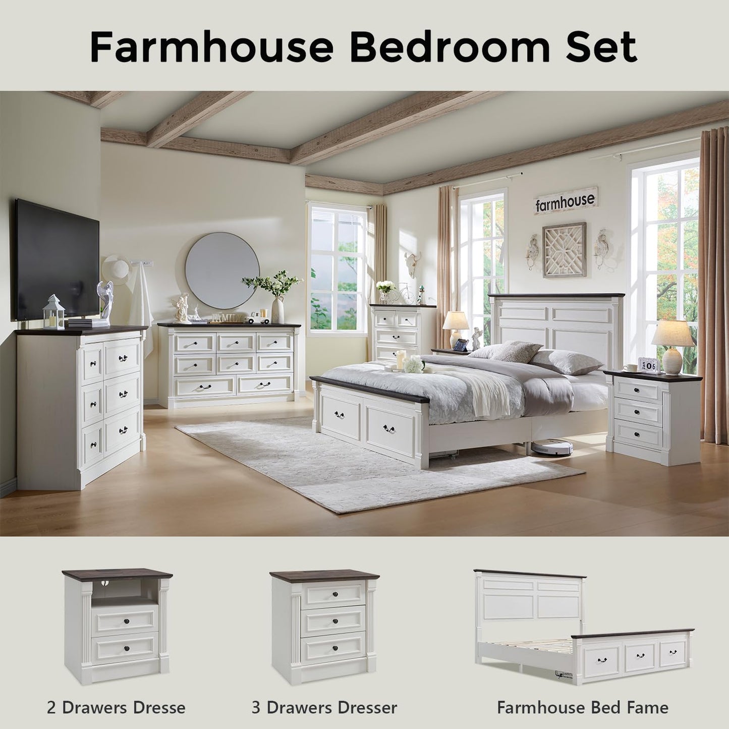 Aitjunz 26" Tall Farmhouse Nightstand Set of 2, 3 Drawers End Table w/Charging Station, 23.6" Wide Large Side Table w/Roman Column, Wood Rustic Sofa Table for Bedroom, Living Room, White