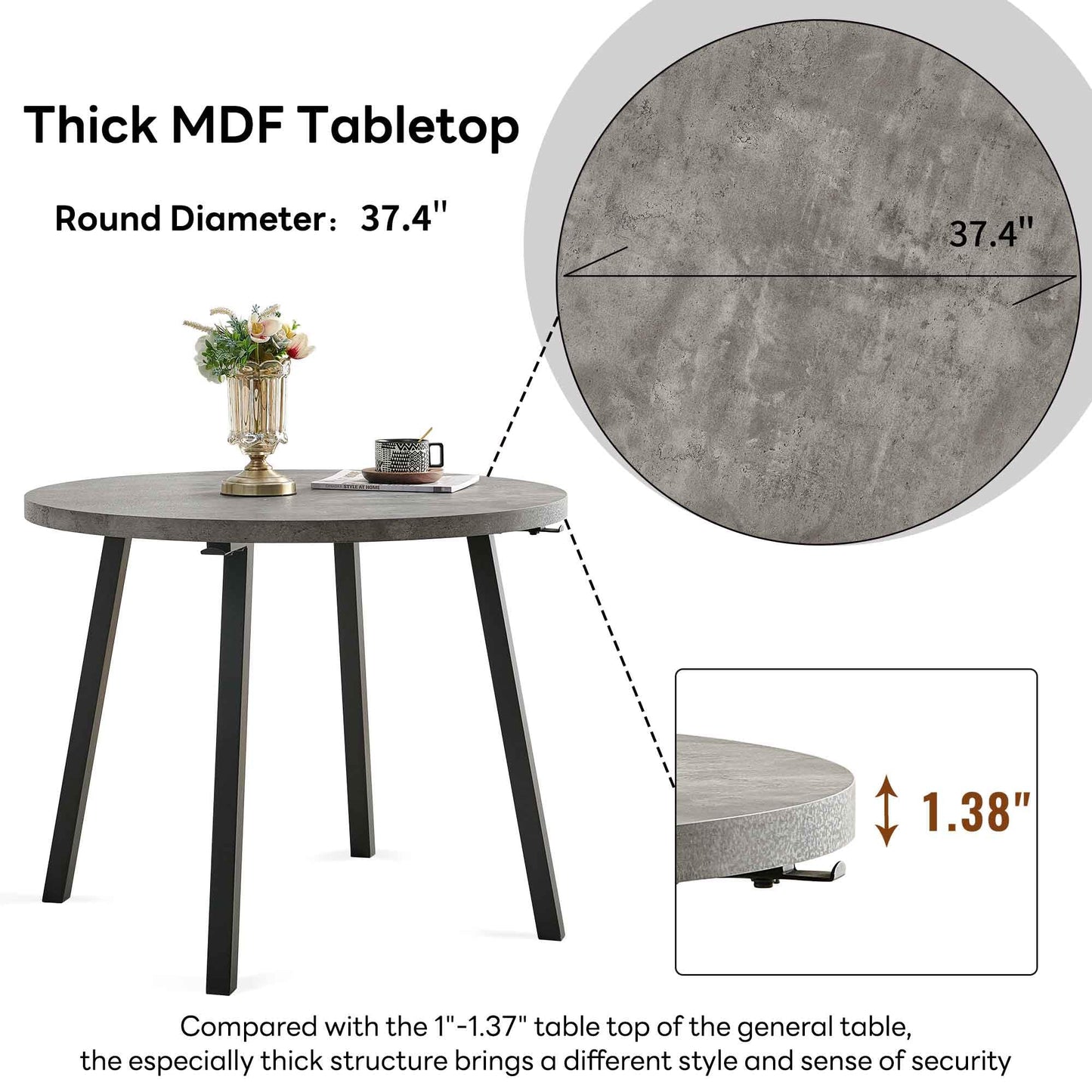 Homedot Kitchen Table and Chairs Set for 4, 37" Grey Round Dining Table with Hooks, Solid MDF Faux Wood Tabletop, Grey Velvet Dining Chairs Upholstered Side Chair with Back