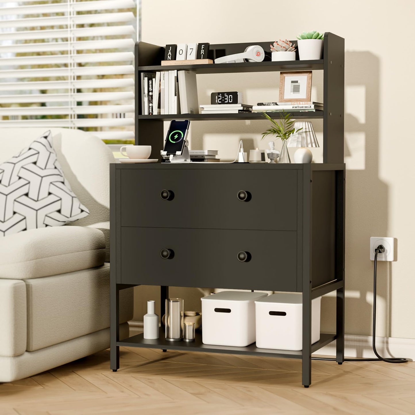 PATAVOT 24 Inch Wide Night Stand, Large Wooden Night Stand with 2 Adjustable Drawes, Tall Nightstand with 4-Tier Shelves and Charging Station, Bedside Table for Living Room/Bedroom/Office, Black.