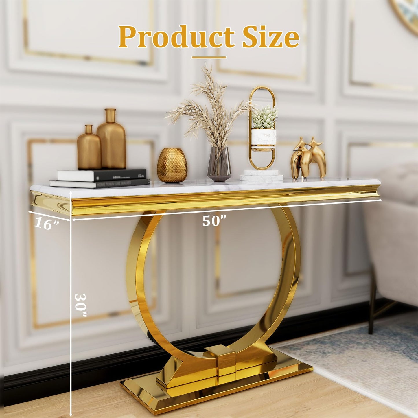 Asday Gold Console Table, 50 Inch Glam White and Gold Entryway Table with U-Shaped Base, Polished Gold Entrance Table with White Top for Entryway, Hallway, Foyer