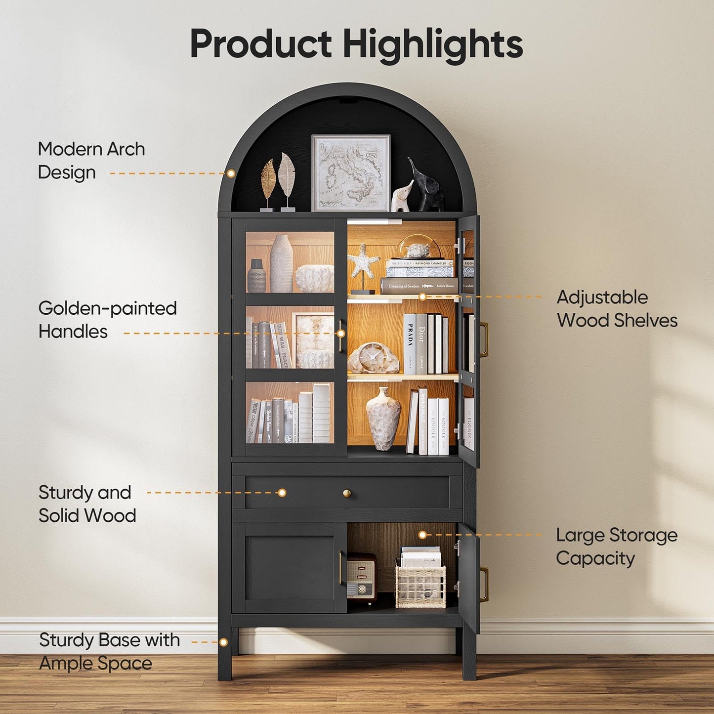 OTDMEL 71" Display Arched Storage Cabinet with Glass Doors & Auto Sensor LED Lights, Tall Modern Black Storage Cabinets with Drawers and Adjustable Shelves for Dining Room/Bathroom/Kitchen/Office