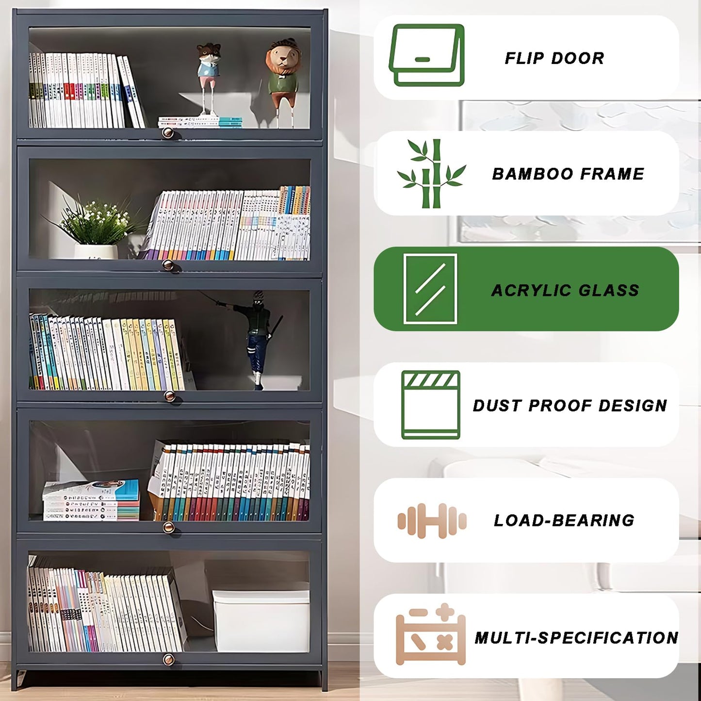 ouioyggk Display Cabinet with Acrylic Glass Door, 5-Tier Curio Display Case, Collectibles Toy Organizers Rack & Display Shelf, Kids Bookcase for Home, Office, Playroom, Living Room, Grey