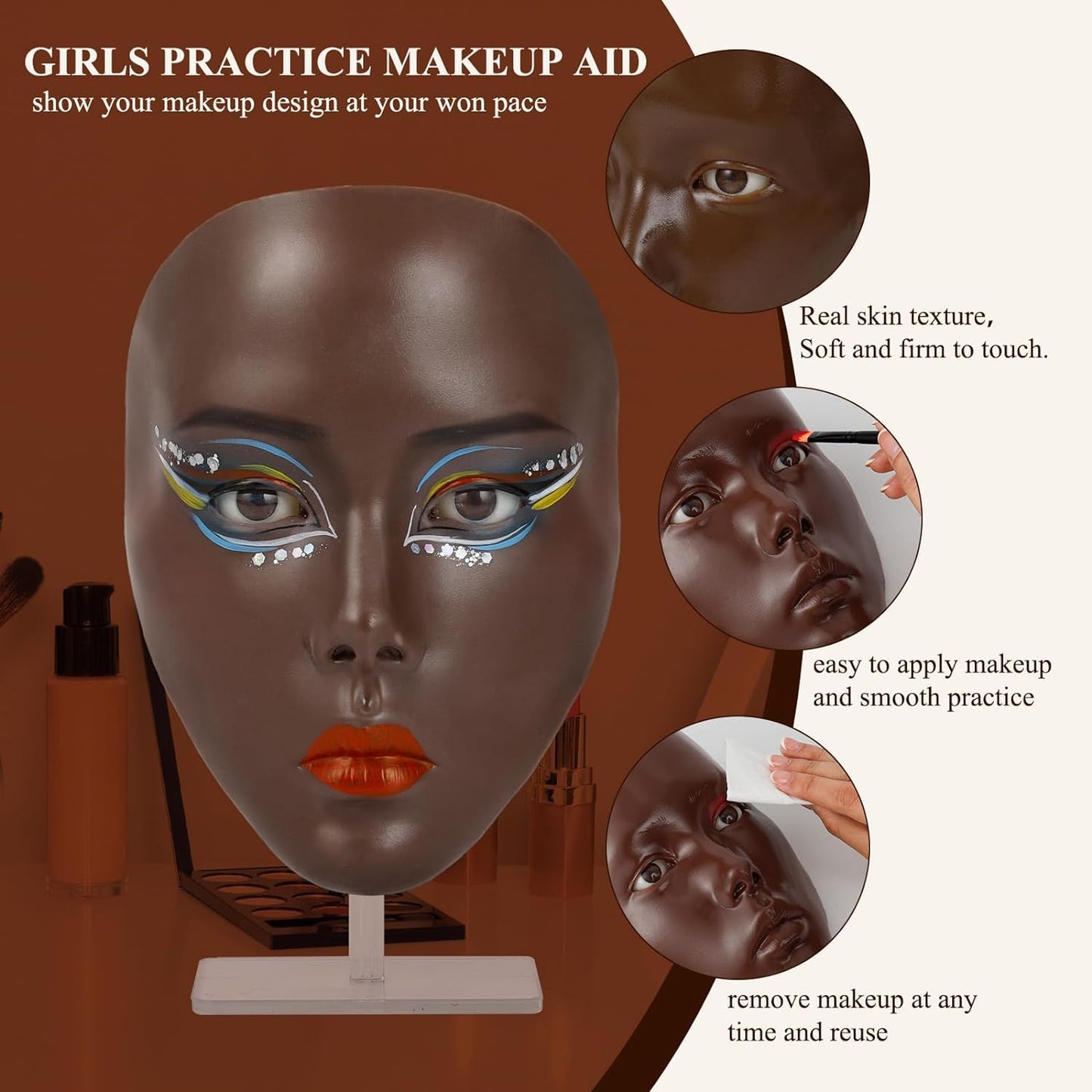 5D Makeup Practice Face Board, Makeup Practice Accessories Set with Face Painting Mannequin Head, Makeup Brushes, Face Painting and 2-in-1 Dual-Ended Eyebrow Pen, Makeup Practice Gift, Dark Brown