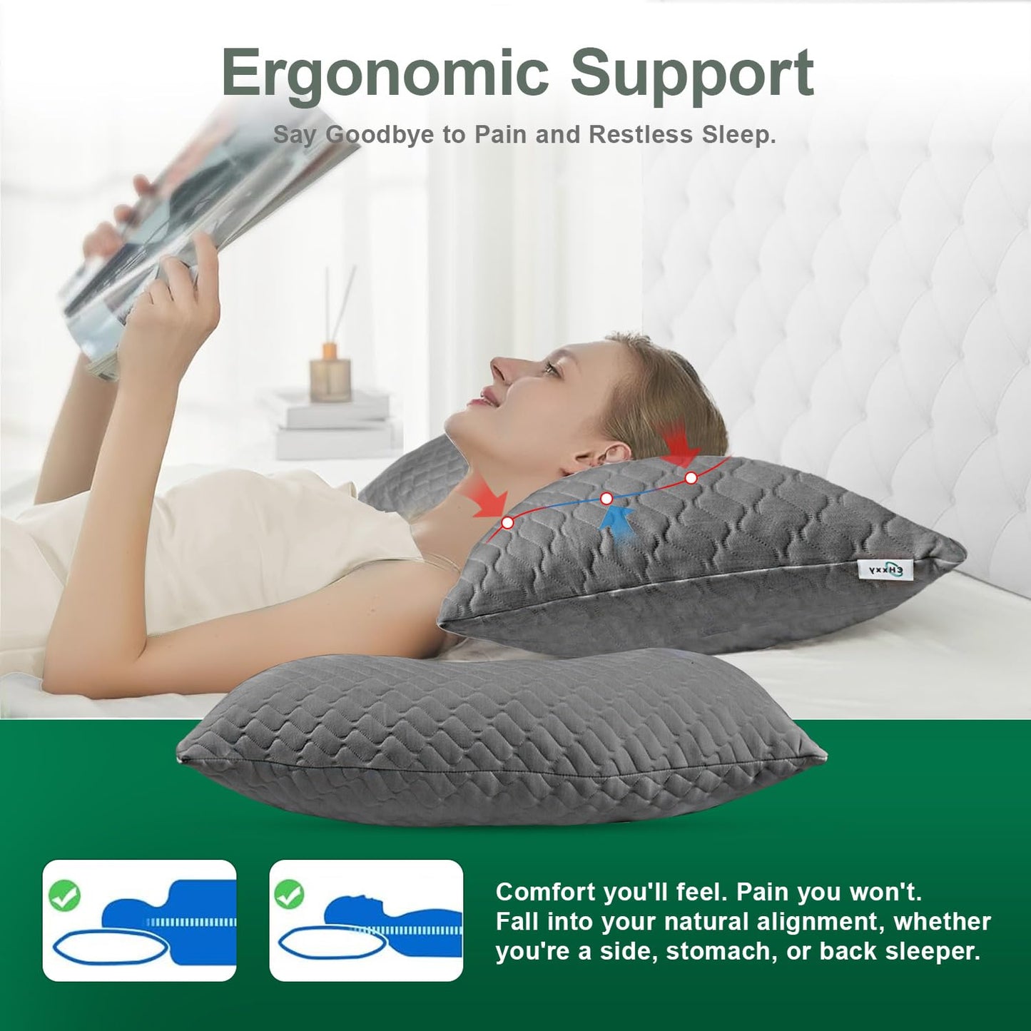 CHxxy Adjustable Side Sleeper Pillow for Neck and Shoulder Reilef, Ergonomic Design Medium Firm Queen Size Bed Pillows, Cross Cut Memory Foam Pillows for Back, Stomach and Side Sleepers