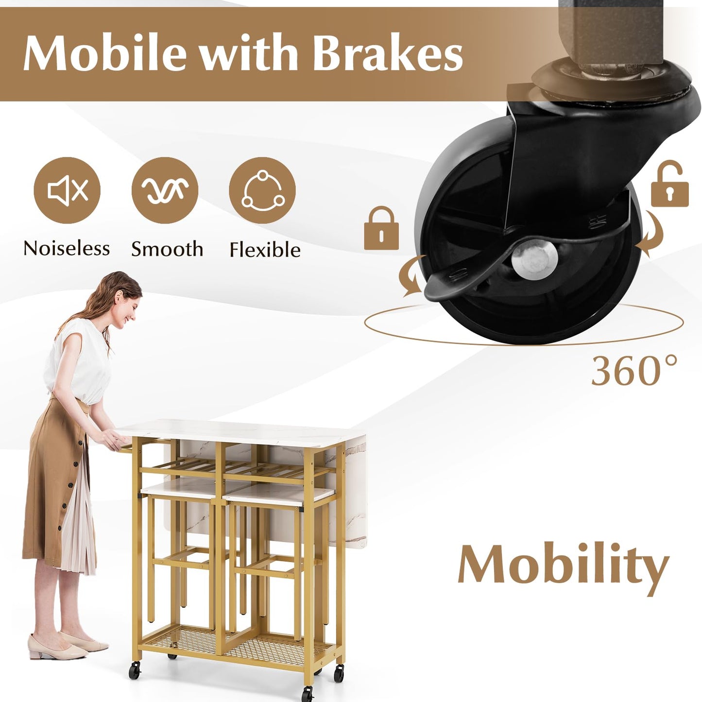 NAFORT 3-Piece Folding Dining Table Set, Mobile Drop-Leaf Kitchen Table with 2 Stools, 6-Bottle Wine Rack, Shelves, Push Handle and Lockable Wheels, Compact Space Saver Set for Apartments
