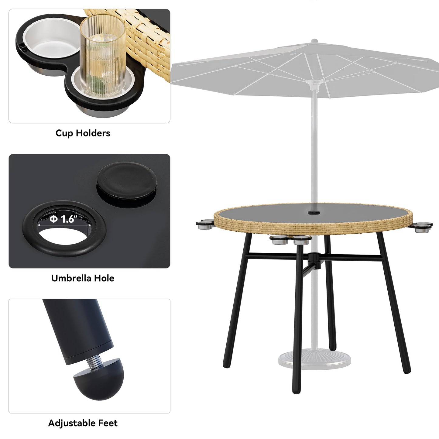 YITAHOME 5 Piece Outdoor Dining Set w/Padded Cushions, Round Patio Table and Chairs with 4 Rattan Chairs, Glass Top Dining Table & Cup Holders for Patio, Backyard, Garden, Porch, Light Brown & Black