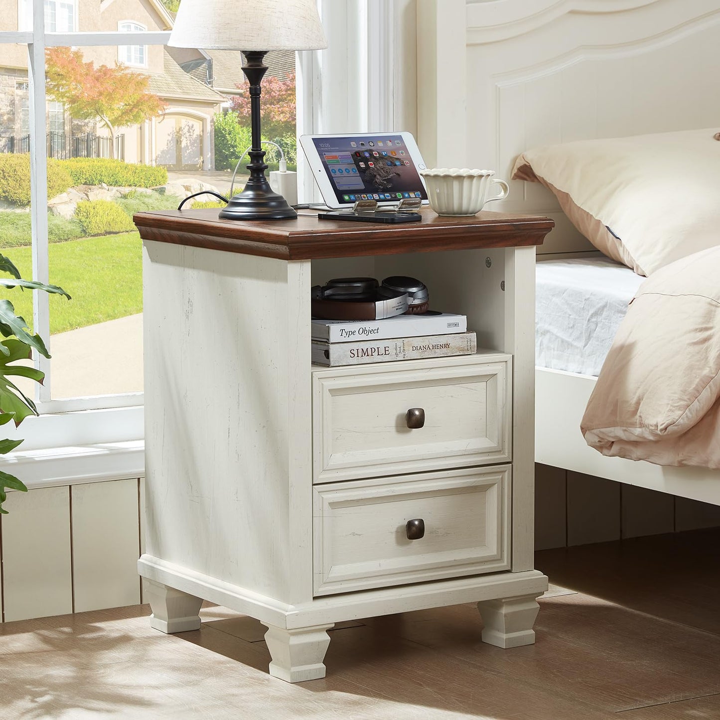 SAVOR LIFE Farmhouse Night Stand with Charging Station, Rustic and Modern Nightstand,2 Drawers End Table for Living Room,Bedside Table with Open Shelf for Bed Room,White