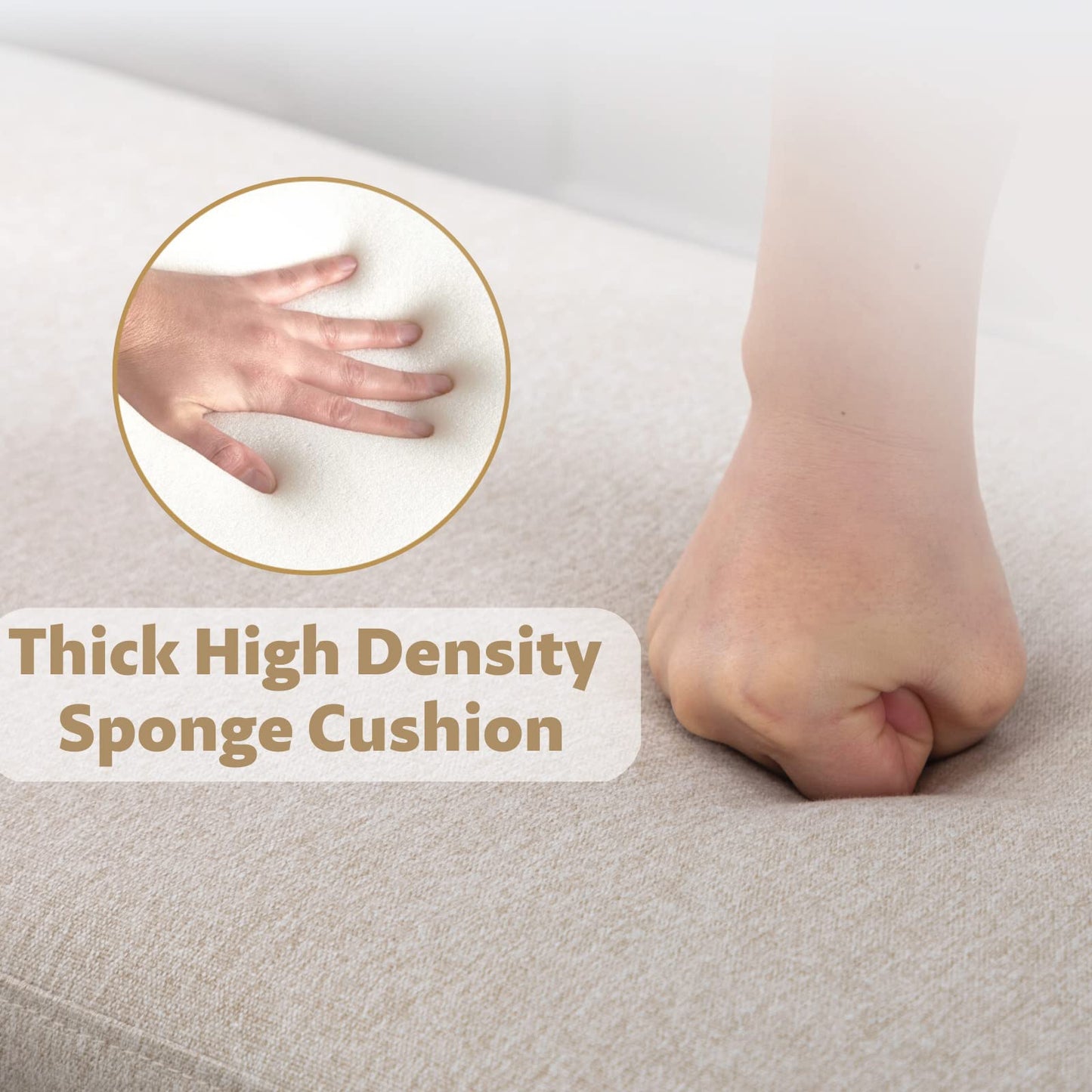 ROCITY Linen Fabric Bench for Bedroom End of Bed Beige Upholstered Storage Ottoman Bench with Cushion Seating for Living Room Entryway, Wood Legs