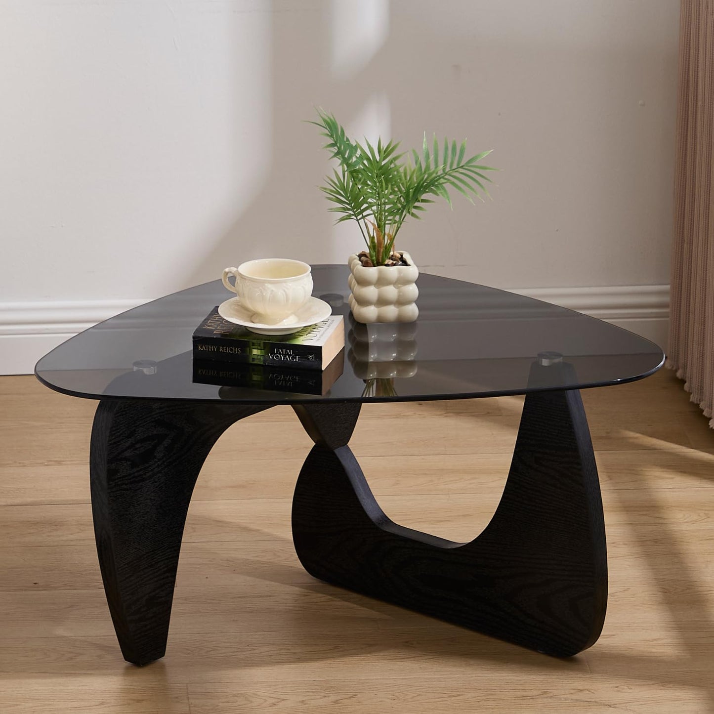 DUOMAY Modern Triangle Glass Coffee Table, 16 Inch High Glass Top Abstract Small End Table with Solid Natural Wood Base, Tea Table Suitable for Living Room, Office, Patio, Apartment, Black Wood