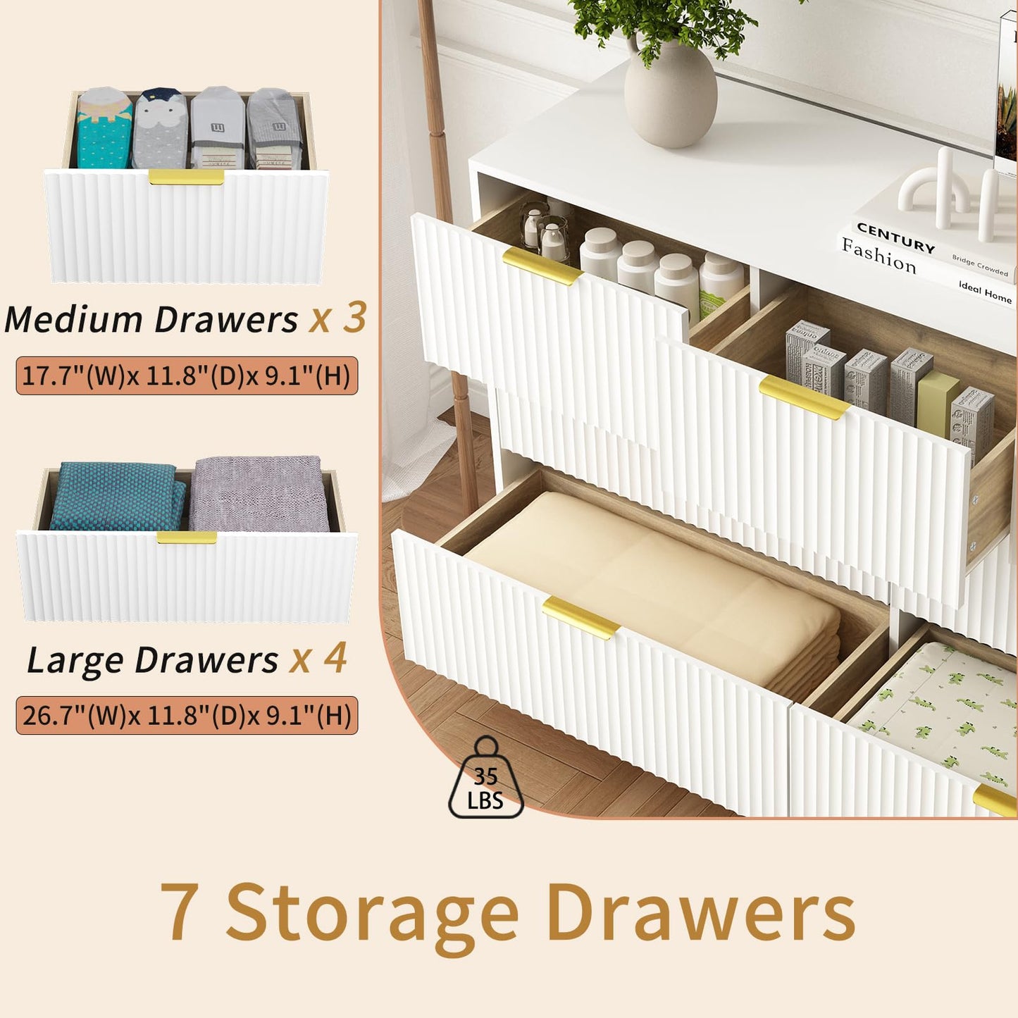 Sscaktu 7 Drawers Dresser for Bedroom,55" Wide Fluted Dresser with Deep Drawers, Modern Chest of Drawers, Wood TV Stand Storage Organizer for Closet, Living Room, Hallway, White