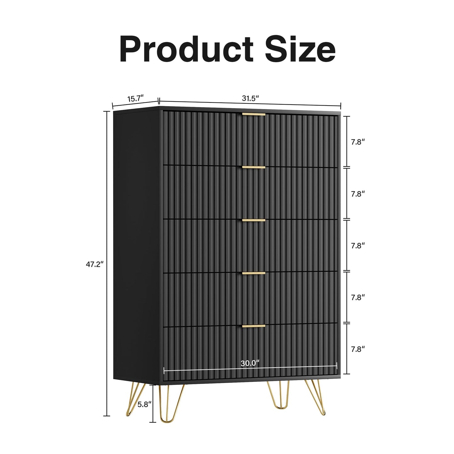 Furniway Black Dresser for Bedroom, Fluted Modern Dresser with Gold Pulls and 5 Drawers, 15.7" D x 31.5" W x 47.2" H