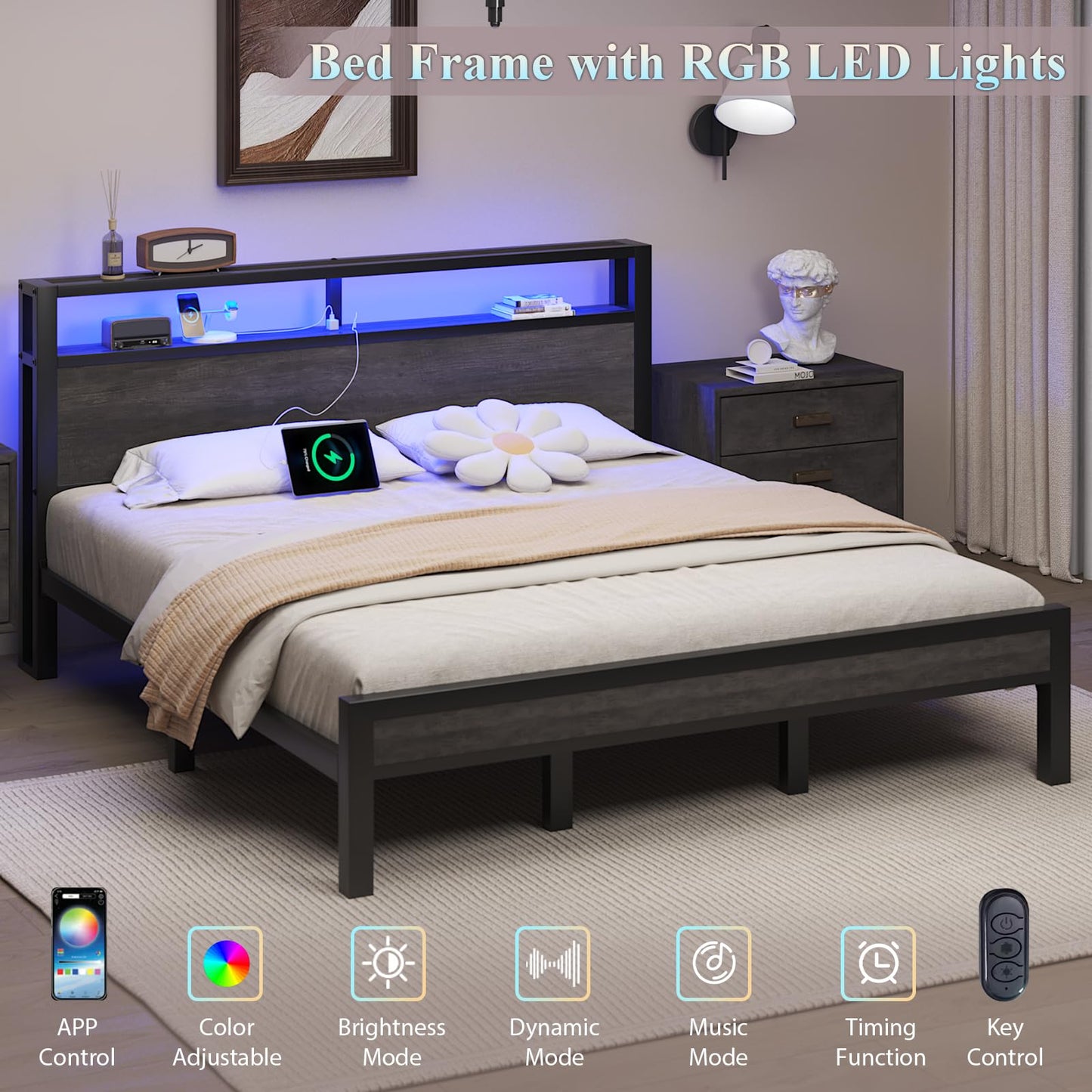 LOEWAY King Size Platform Bed with 2-Tier Storage Headboard, Metal Bed Frame with Charging Station & LED Light, Heavy Duty Metal Slats, No Box Spring Need, Noise Free, Grey