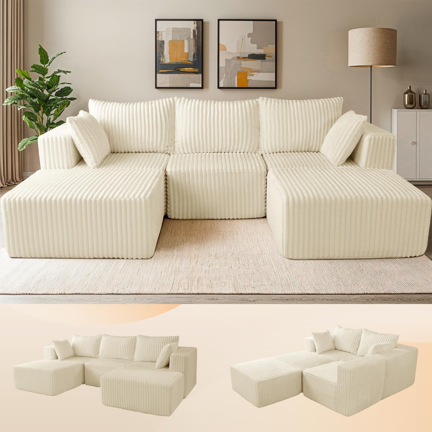 Neioml Modular Sectional Sofa, Cloud Comfort Couch,Extra-Wide Deep Seats No Assembly, Minimalist Modern Sleeper Sofas for Living Room, Apartment, Soft Plush Corduroy Fabric (Beige, U-Shaped 3+2)