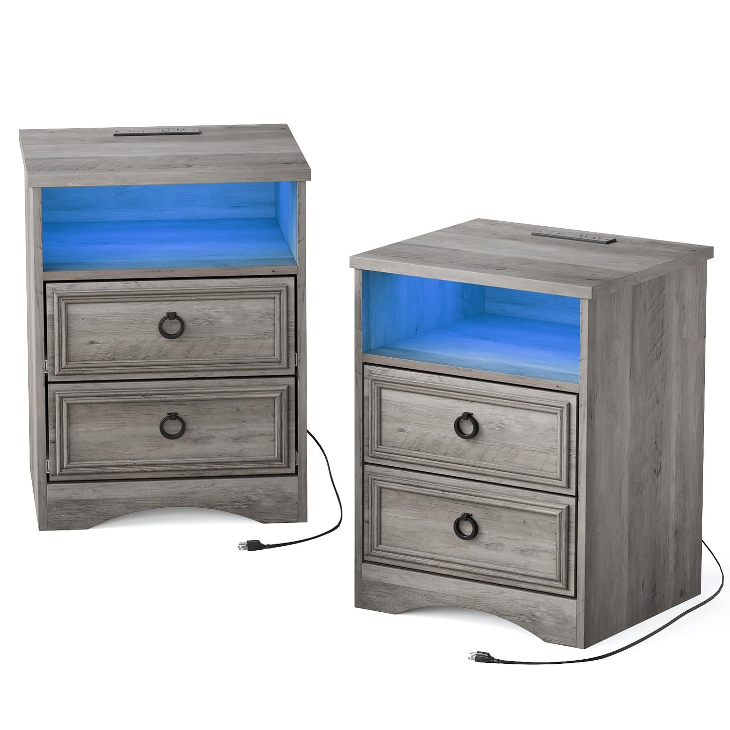 LGHM Nightstand with Strip Lights,USB Outlets Set of 2, Night Stand with Drawers, Accent Bed Side Table and End Table with Open Storage for Bedroom, Living Room,Gray