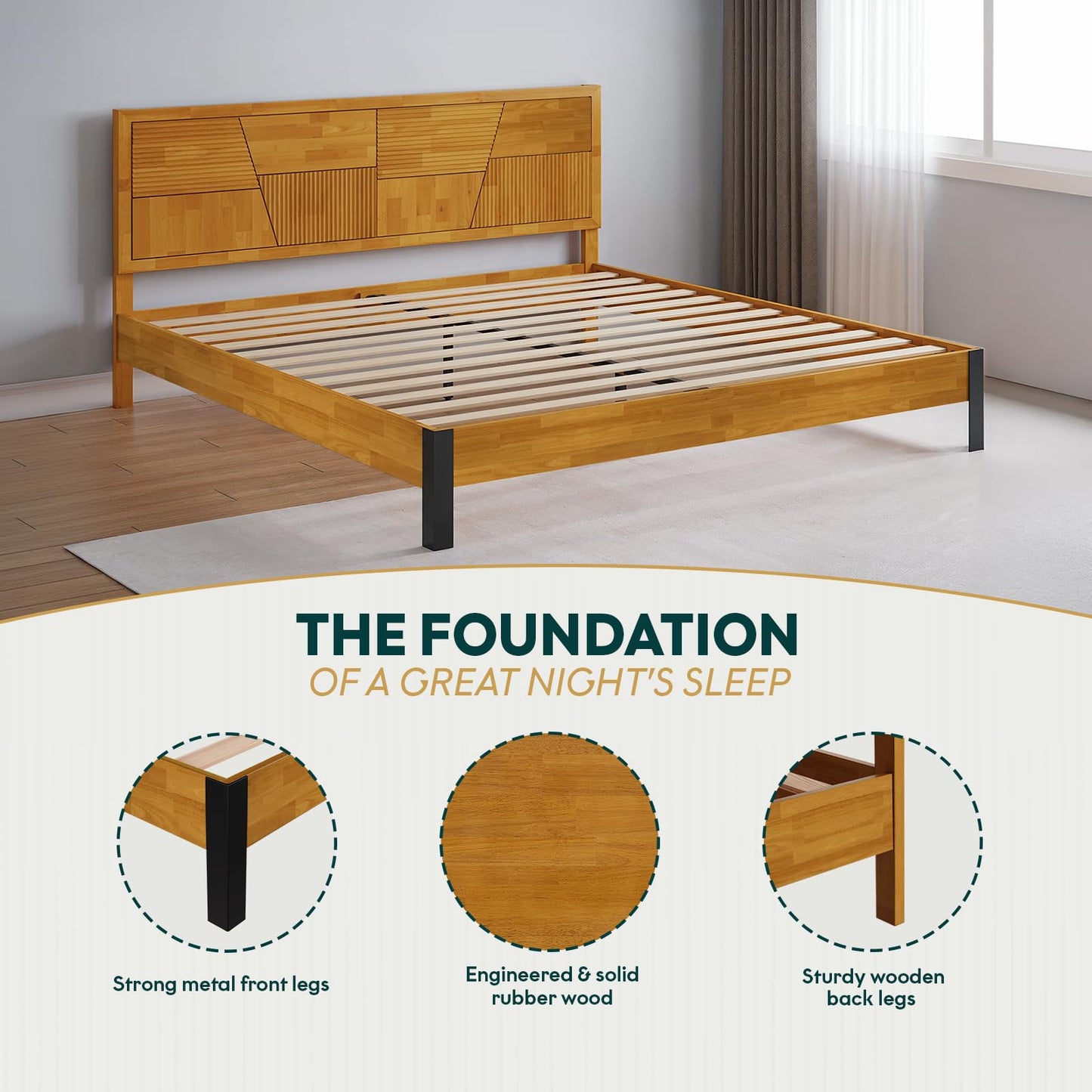 Bme Trapeze King Size Bed Frame – Rubberwood Platform with Slatted Headboard, Sturdy Iron Legs, No Box Spring Needed, Supports up to 800 lbs