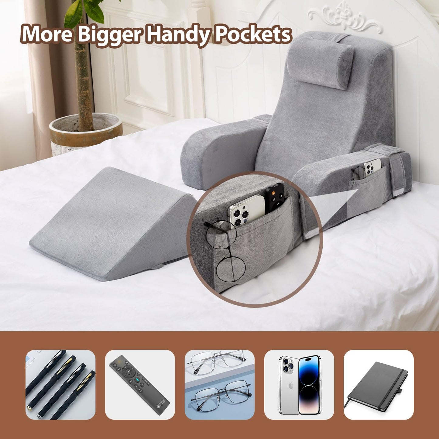 NIAOMAOGOU Reading Pillow for Sitting in Bed Adult, Back Pillow for Sitting Up in Bed with Arm Rest and Knee Rest, Suitable for Gaming,Watching TV on Floor, 19in 5Pcs, Grey