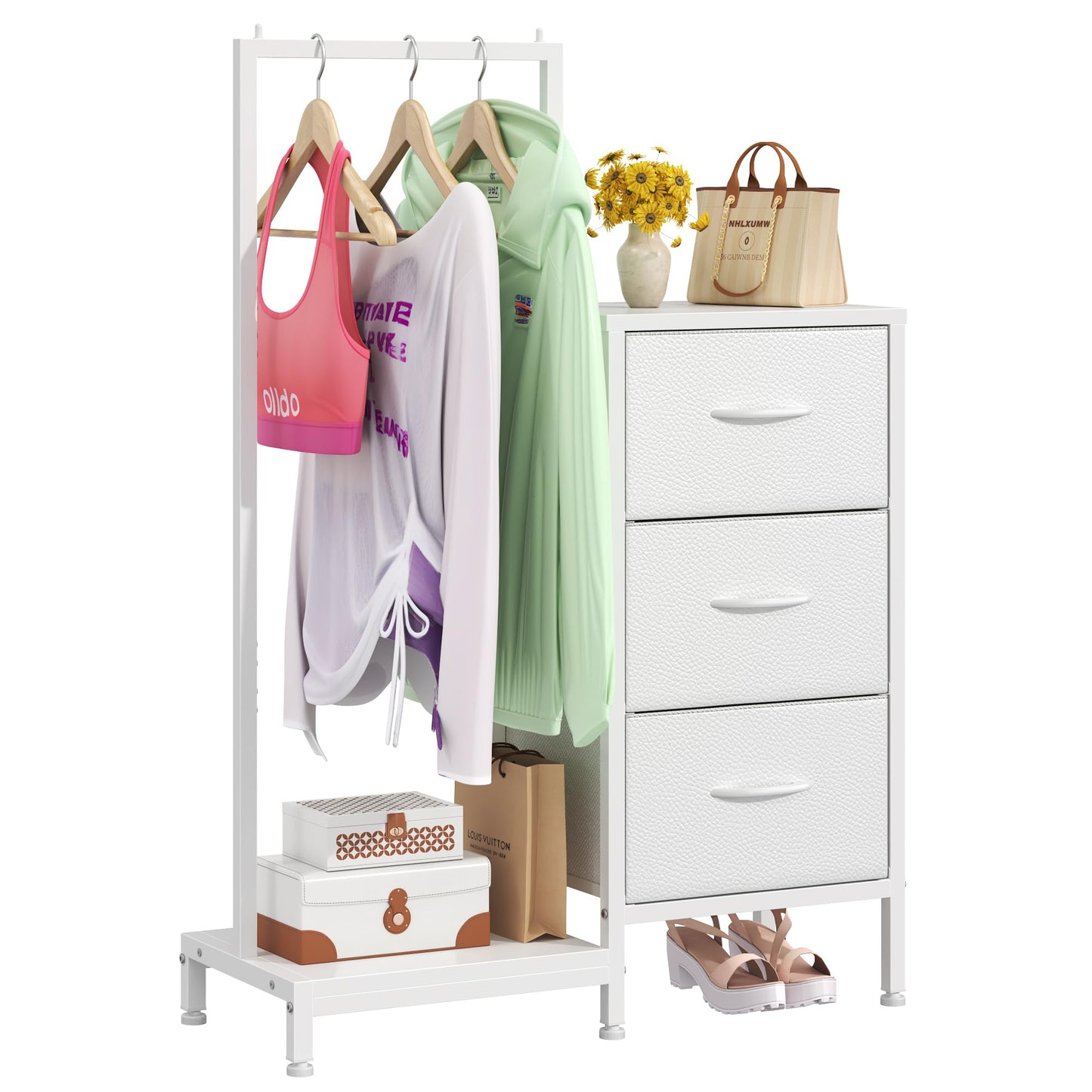 AFLUI Dresser for Bedroom with Hanging Rack, 3 Drawers Dresser for Bedroom - White