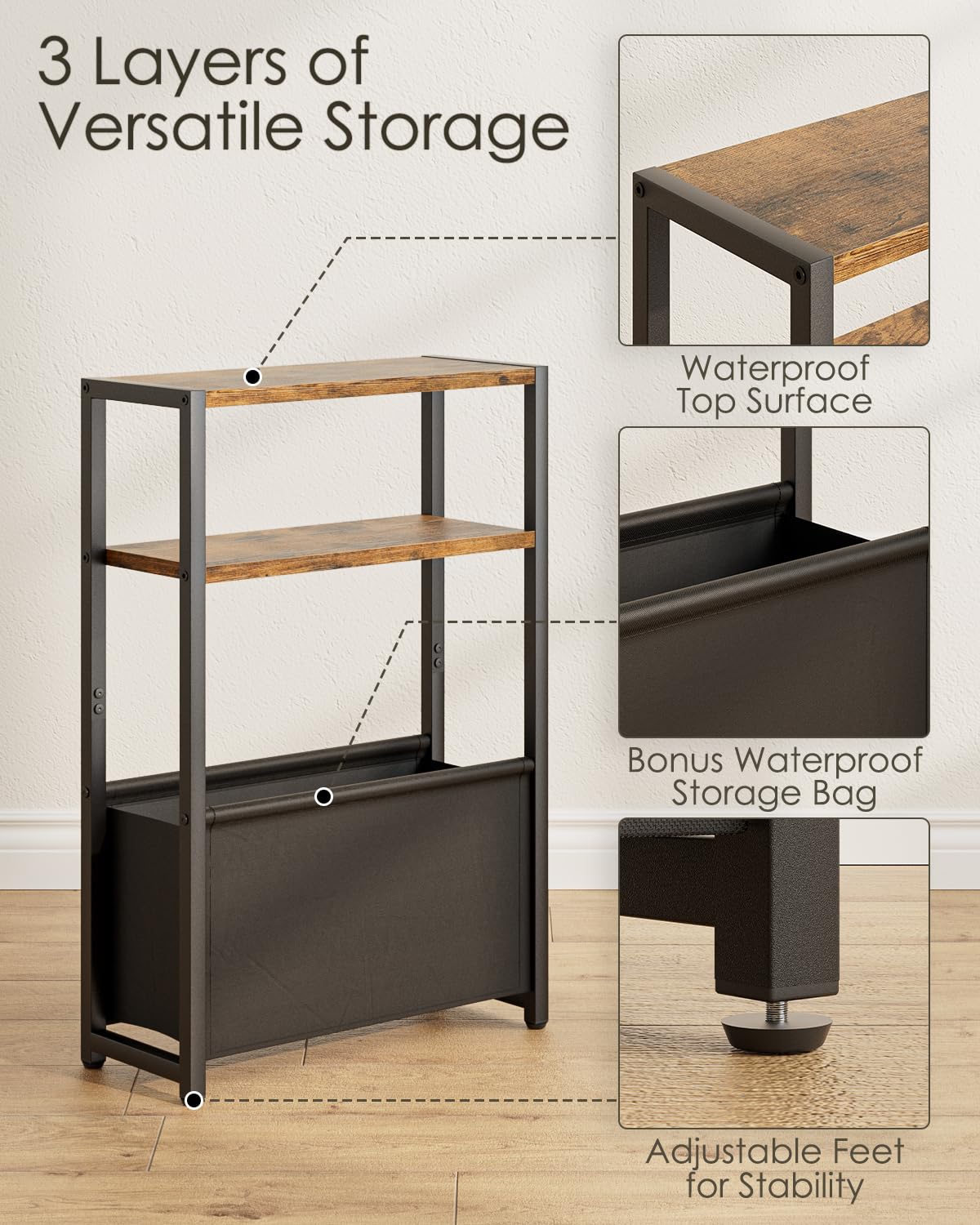 Apetaccat Narrow Side Table End Table, 3-Tier Side Table with Storage Bag, Narrow Nightstand for Small Spaces, Bedside Table for Living Room, Bedroom, Rustic Brown