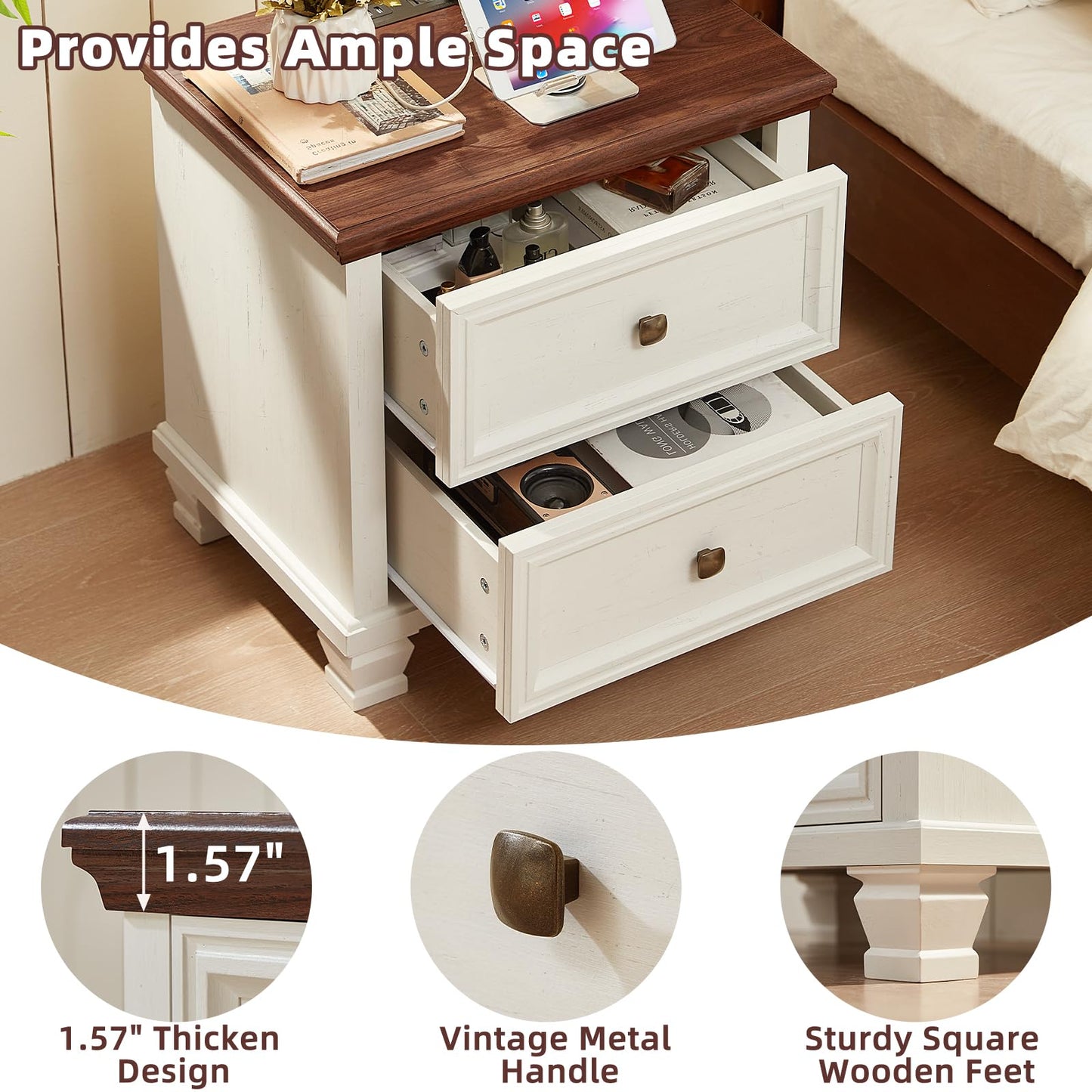 SAVOR LIFE Farmhouse Nightstand Set of 2, Rustic Low Nightstands with 2 Drawers & Charging Station, Vintage Night Stands with 4 Square Solid Wood Legs, Small Dresser for Bedroom, Home, White