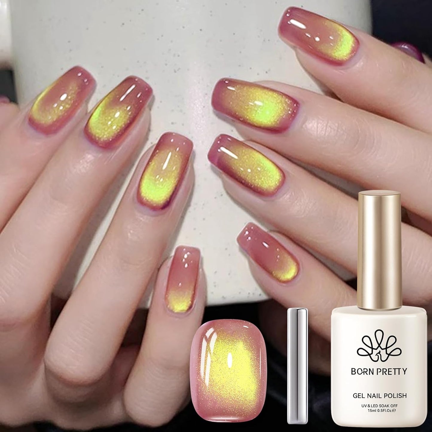 BORN PRETTY Cat Magnetic Eye Gel Nail Polish,Gradient from Yellow to Purple Magnetic Gel Polish Passion Fruit Cat Magnetic Eye Gel Manicure Nail Art DIY 15ml