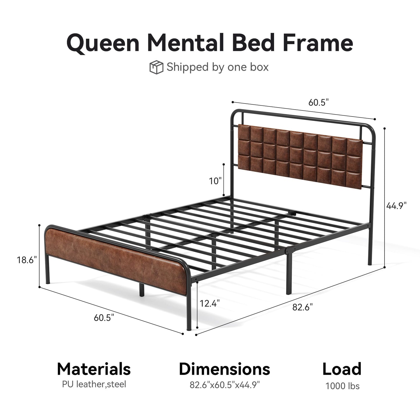 Susalt PU Leather Queen Bed Frame, Queen Size Metal Platform Beds with Upholstered Headboard & Footboard, 12" Underbed Storage Space, Easy Assembly, Noise-Free, No Box Spring Needed, Brown