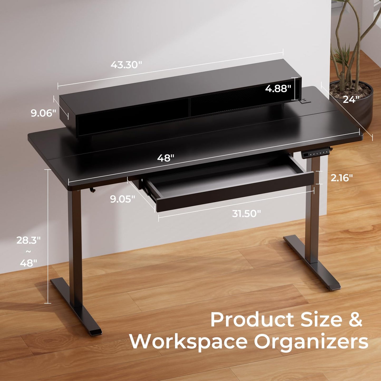 GTPLAYER Electric Standing Desk with Drawers, 48 x 24 Inch Height Adjustable Gaming Desk with Monitor Stand, Power Outlets & LED Lights, Home Office Sit Stand Up Desk with Memory Preset Controller