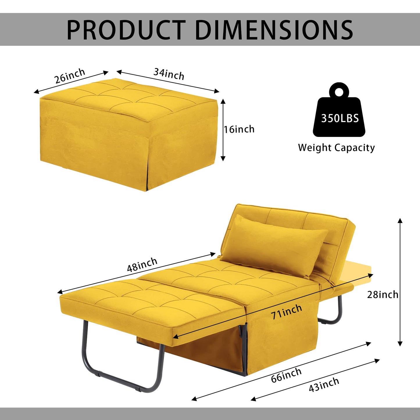 BIGSYY Sofa Bed, 4 in 1 Multi-Function Folding Ottoman Breathable Linen Couch Bed with Adjustable Backrest Modern Convertible Chair for Living Room Apartment Office, Yellow