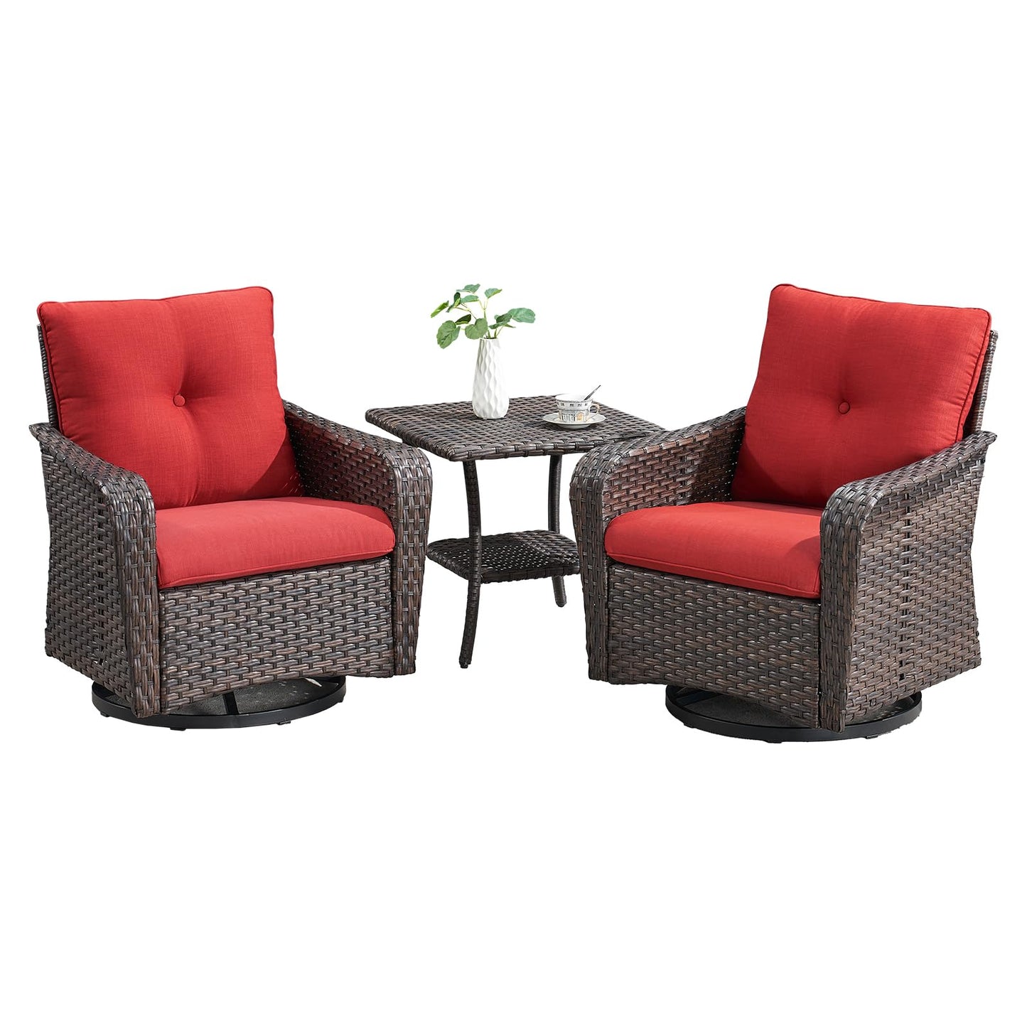 Rilyson Outdoor Patio Swivel Rocker Chairs - 3 PC Wicker Patio Bistro Sets with High Back,Thick Comfy Cushions, Deep Seating and Side Table for Porch Deck Backyard Garden(Brown/Red)