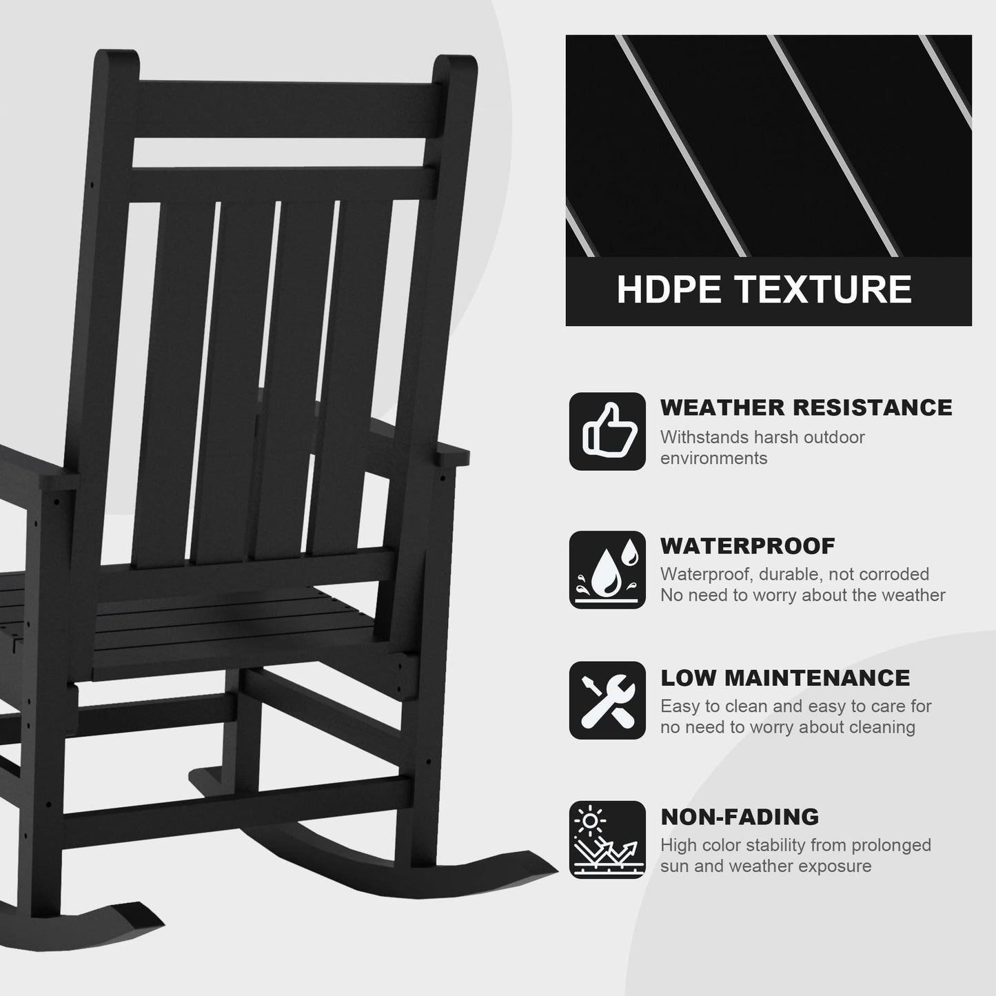 Outdoor HDPE Rocking Chairs Set of 2, HDPE Oversized Patio Rocking Chairs, All Weather Resistant Porch Rocker, Heavy Duty Front Plastic Rockers for Outside