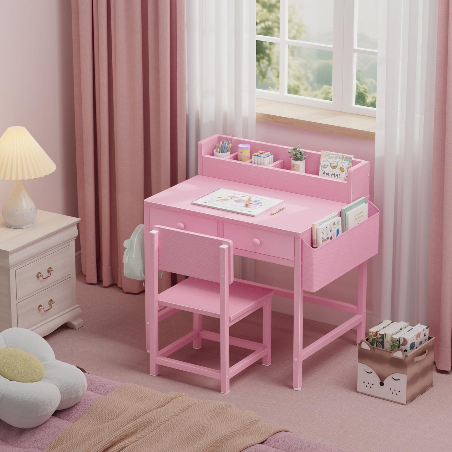 BOLUO Pink Kids Desk and Chair Set for 5-8 Year Old, Small Child Desk with Fabric Drawer, Children Study Table with Storage Girls Boys