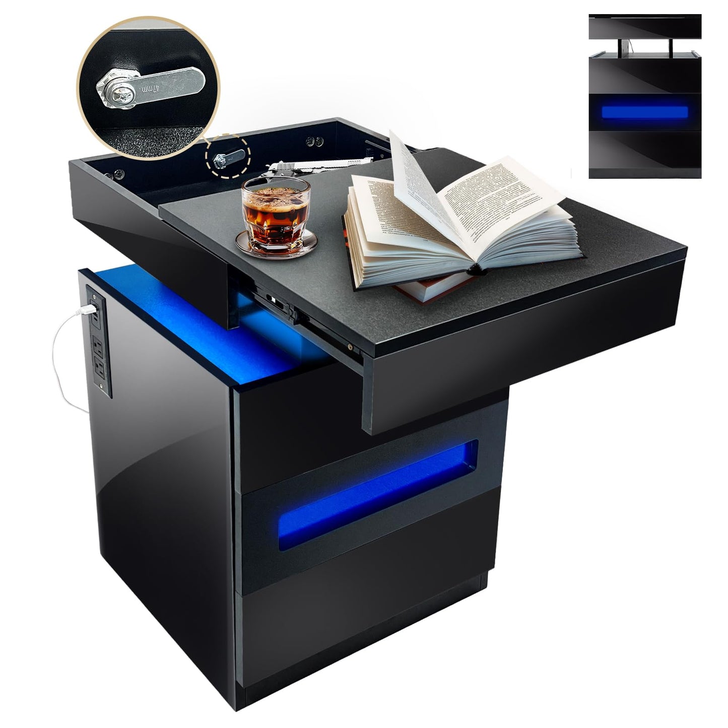 POVUD Night Stand with Gun Drawer Holder, Modern Bedside Table Nightstand with Led Lights and Hidden Locking Compartment with Power Strip Outlet and USB C Port Storage Shelves for Bedroom Black